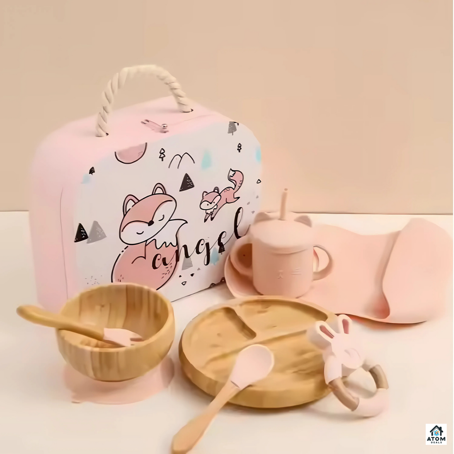 Set unisex de masa pentru bebelusi ATOM DEALS®️, din bambus natural, farfurie compartimentata cu baza antialunecare, bol cu ventuza, lingura si furculita din silicon alimentar, baveta silicon, ecologic, perfect pentru Baby-Led Weaning, roz