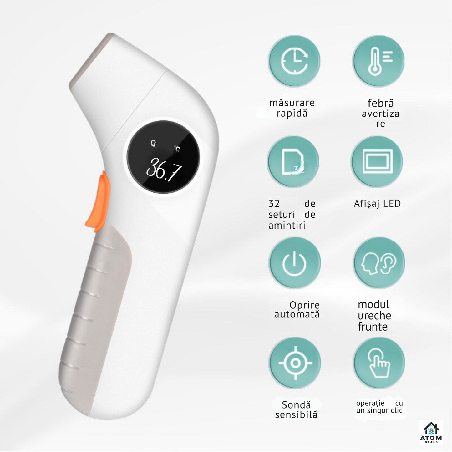 Termometru infrarosu non-contact ATOM DEALS®️, masurare rapida 1 secunda, afisaj LED, 32 momente memorate, precizie 0.2 °C, distanta masurare 1.5cm-5cm, pentru frunte si ureche, capac protectie, alb
