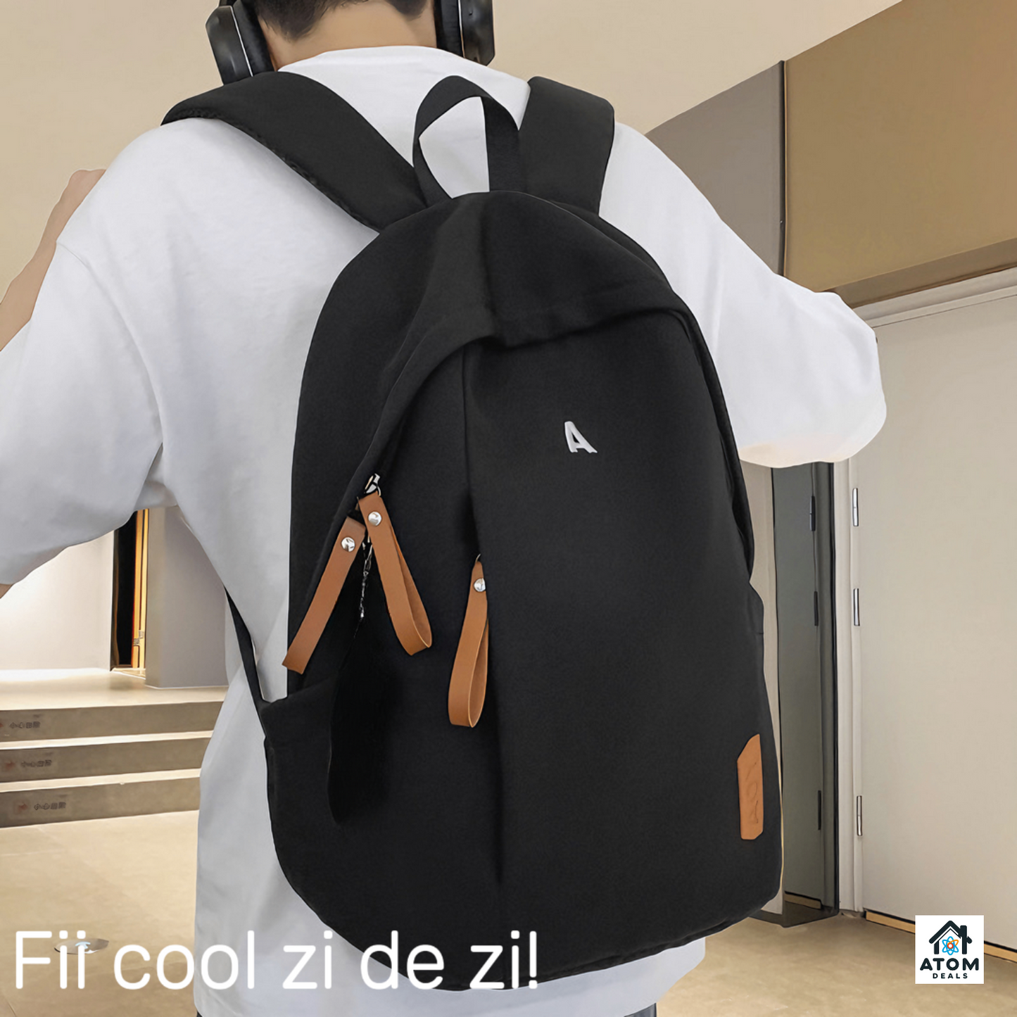 Rucsac unisex ATOM DEALS®️, impermeabil, 31x18x47 cm, compartimentat, litera brodata ATOM Deals