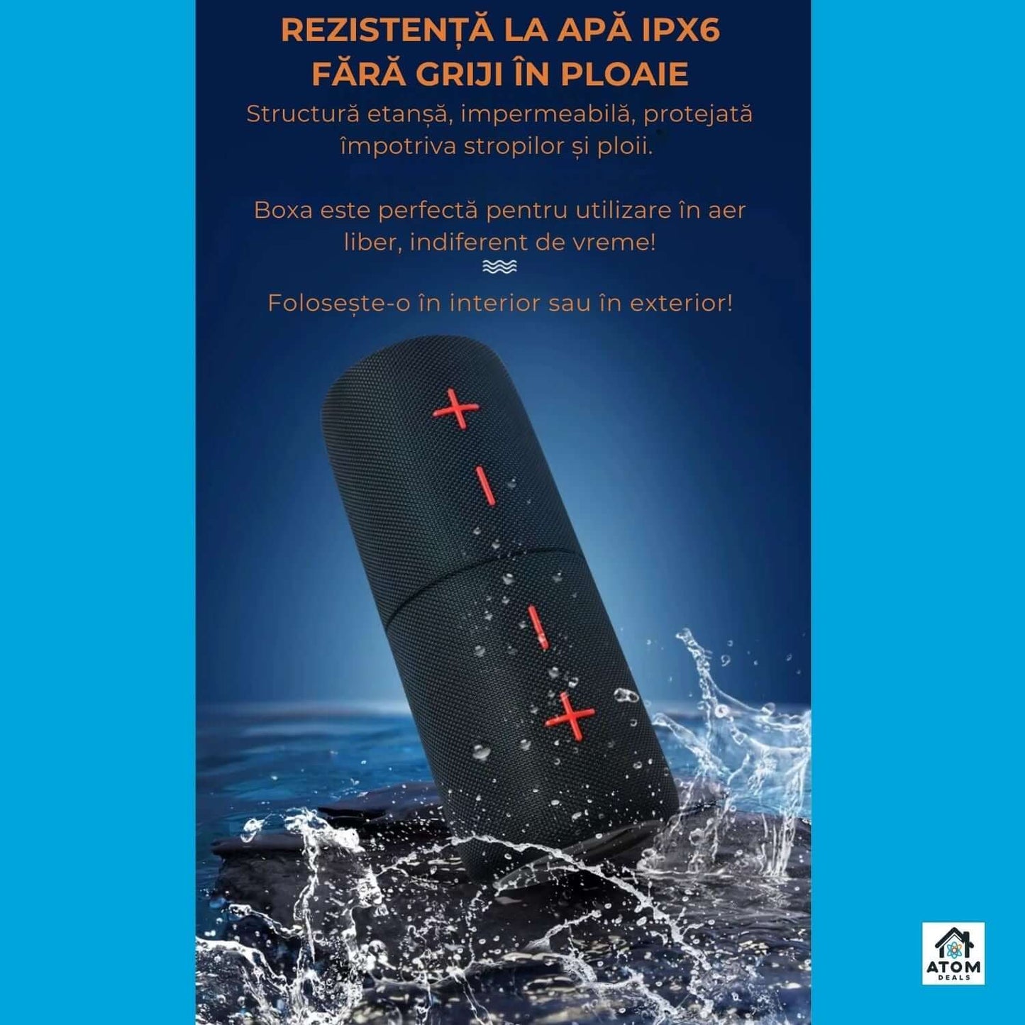 Boxa portabila ATOM Deals®, Bluetooth 5.3, sunet stereo 2x20W, bass puternic, waterproof IPX6, autonomie 20h, baterie 2x4000mAh, LED RGB, TWS, card TF, pentru petreceri, drumetii si exterior, negru