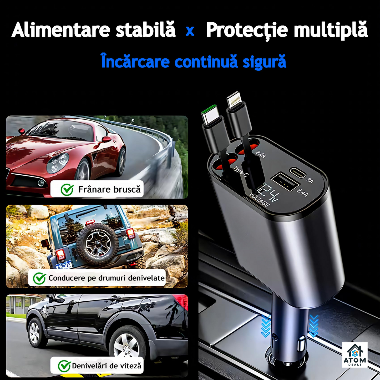 Incarcator auto 4 in 1 ATOM DEALS®️, 120W, rotatie 180°, cu 1xcablu retractabil USB-C si 1xcablu compatibil iPhone, lungime 800mm, porturi 1xUSB Type-C 5V/3A, 1xUSB A 5V/2.4A, incarcare rapida, afisaj luminos voltaj indicator baterie masina 12-24V, gri