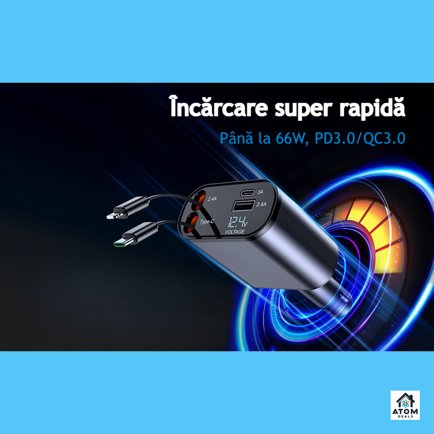 Incarcator auto 4 in 1 ATOM DEALS®️, 120W, rotatie 180°, cu 1xcablu retractabil USB-C si 1xcablu compatibil iPhone, lungime 800mm, porturi 1xUSB Type-C 5V/3A, 1xUSB A 5V/2.4A, incarcare rapida, afisaj luminos voltaj indicator baterie masina 12-24V, gri