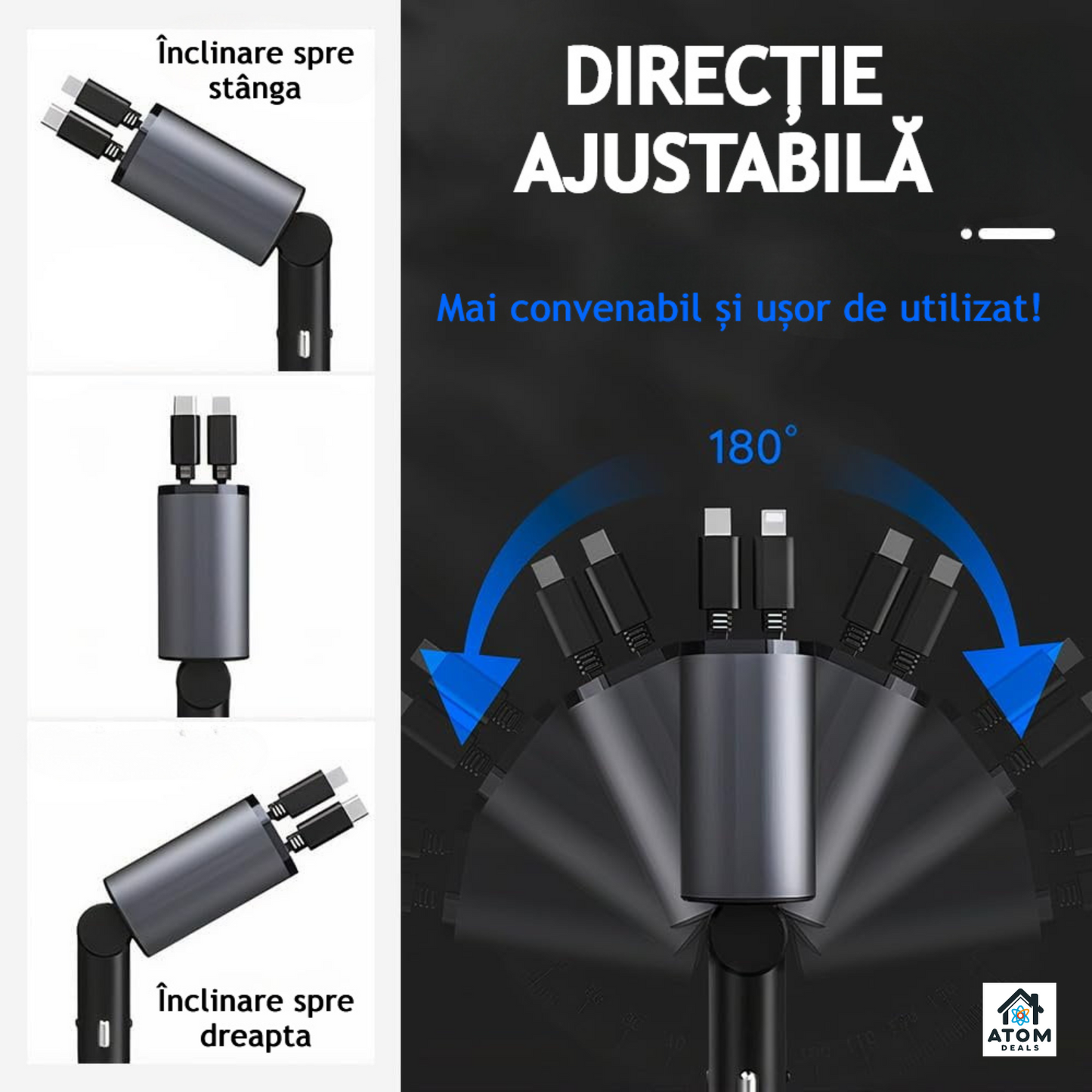 Incarcator auto 4 in 1 ATOM DEALS®️, 120W, rotatie 180°, cu 1xcablu retractabil USB-C si 1xcablu compatibil iPhone, lungime 800mm, porturi 1xUSB Type-C 5V/3A, 1xUSB A 5V/2.4A, incarcare rapida, afisaj luminos voltaj indicator baterie masina 12-24V, gri