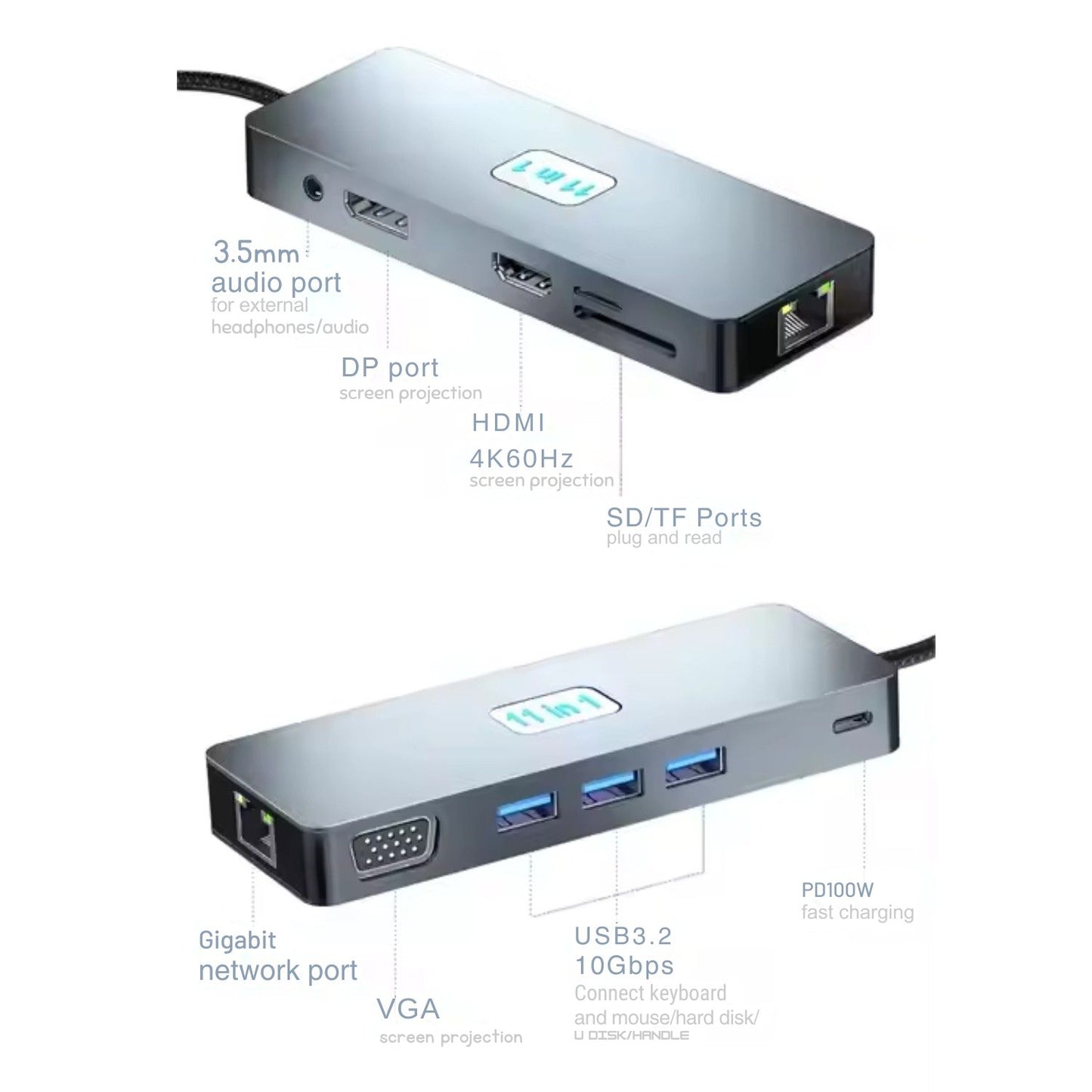 Hub USB-C 11 în 1, HDMI4K60Hz, VGA, USB3.0, PD100W, RJ45, SD TF, audio