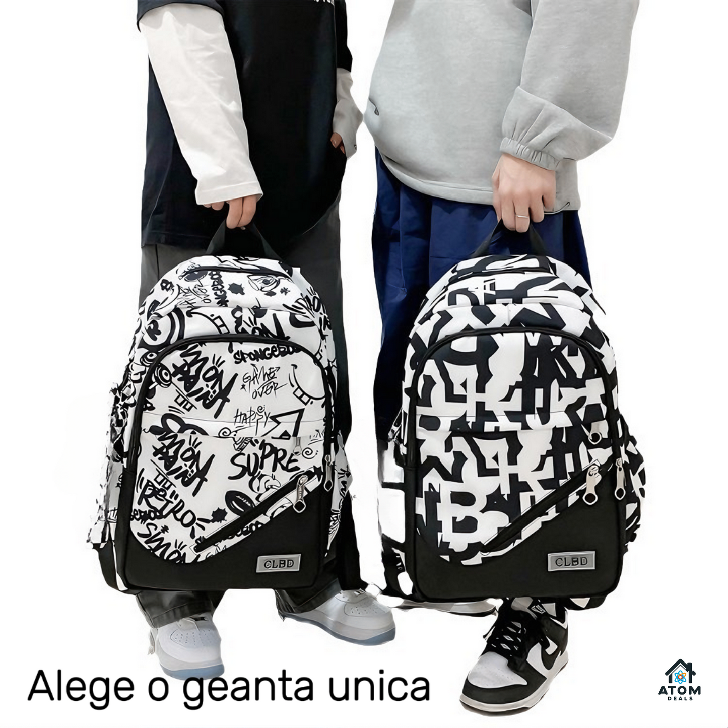 Rucsac modern unisex ATOM DEALS®️, negru cu litere albe, perfect pentru scoala si serviciu, 43x31x15cm, 430g, bretele ajustabile, compartiment laptop 15", 3 buzunare incapatoare, buzunare laterale, fermoare functionale, ideal pentru utilizare zilnica
