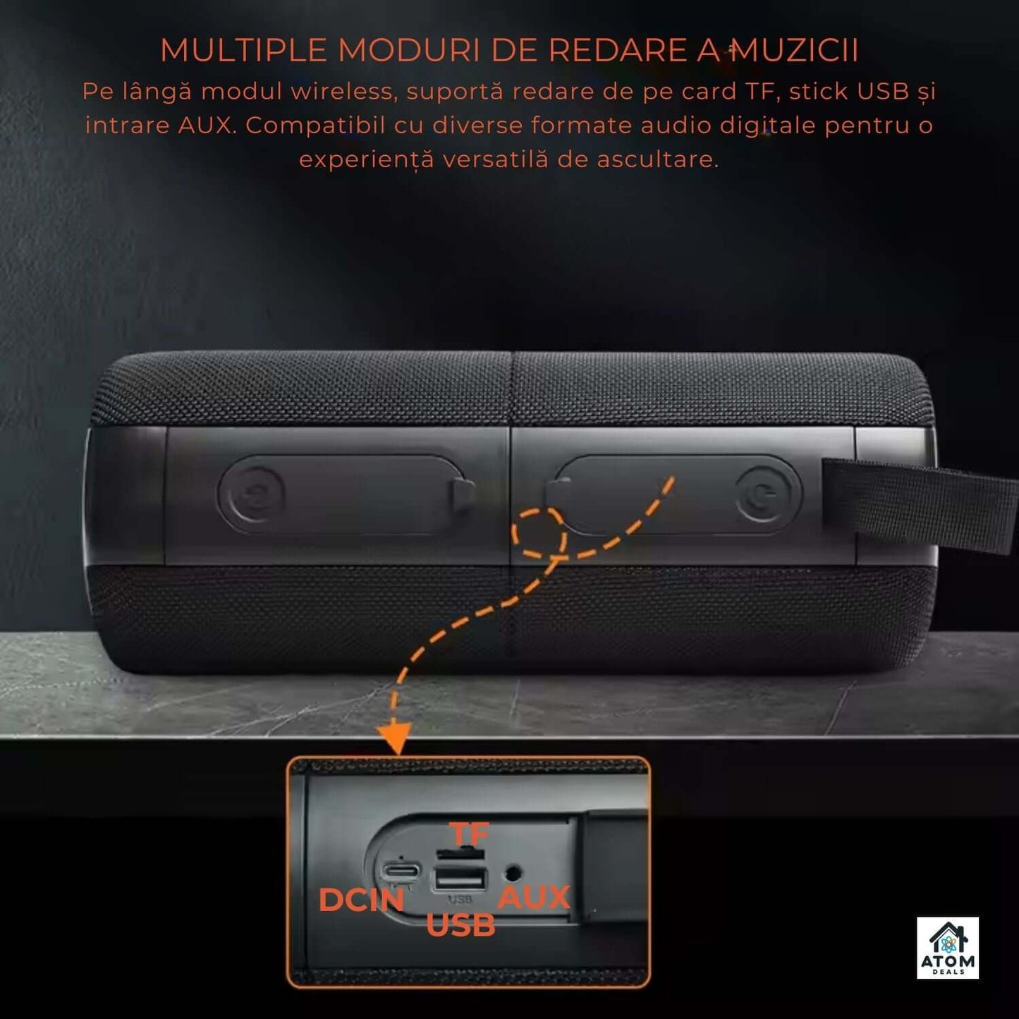 Boxa portabila ATOM Deals®, Bluetooth 5.3, sunet stereo 2x20W, bass puternic, waterproof IPX6, autonomie 20h, baterie 2x4000mAh, LED RGB, TWS, card TF, pentru petreceri, drumetii si exterior, negru