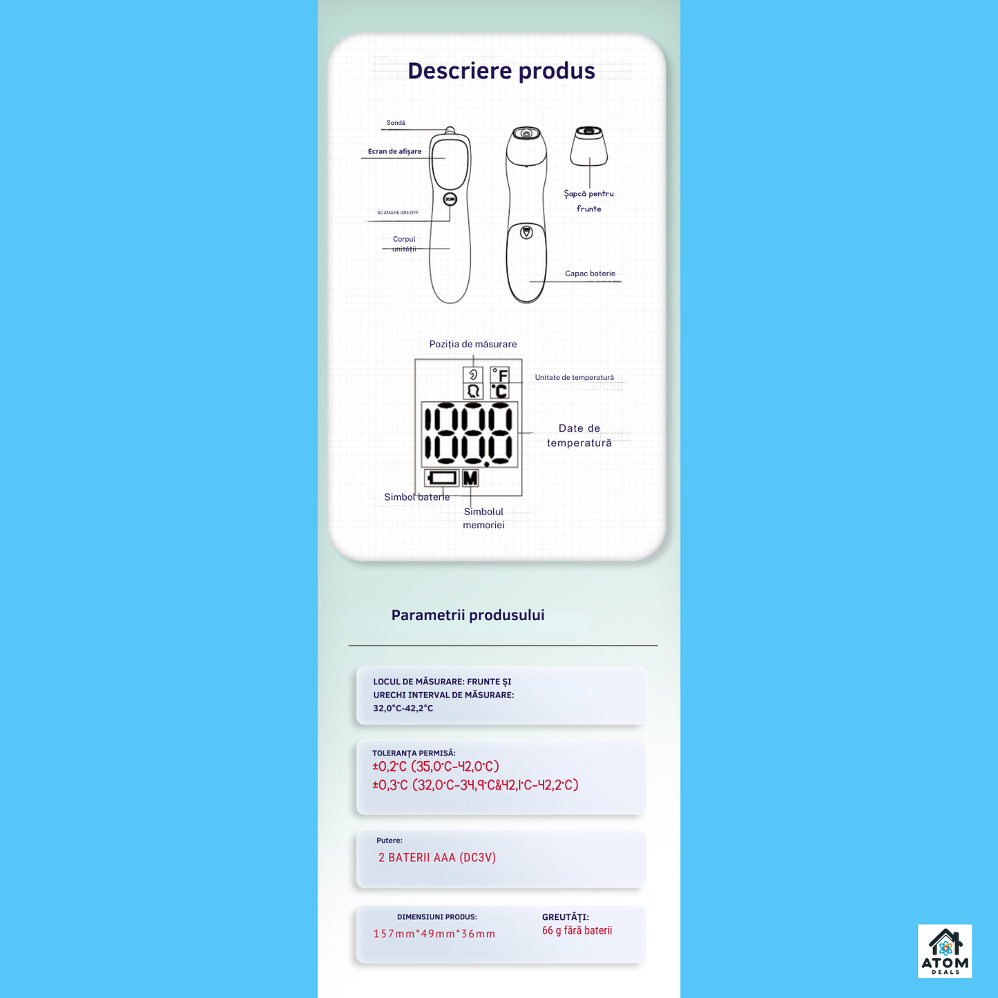Termometru infrarosu digital 2in1 ATOM DEALS®️, frunte si ureche, pentru copii si adulti, masurare non-contact 1 secunda, precizie ±0.2°C, 32 memorii, afisaj LED, compact si usor, capac protectie, alb