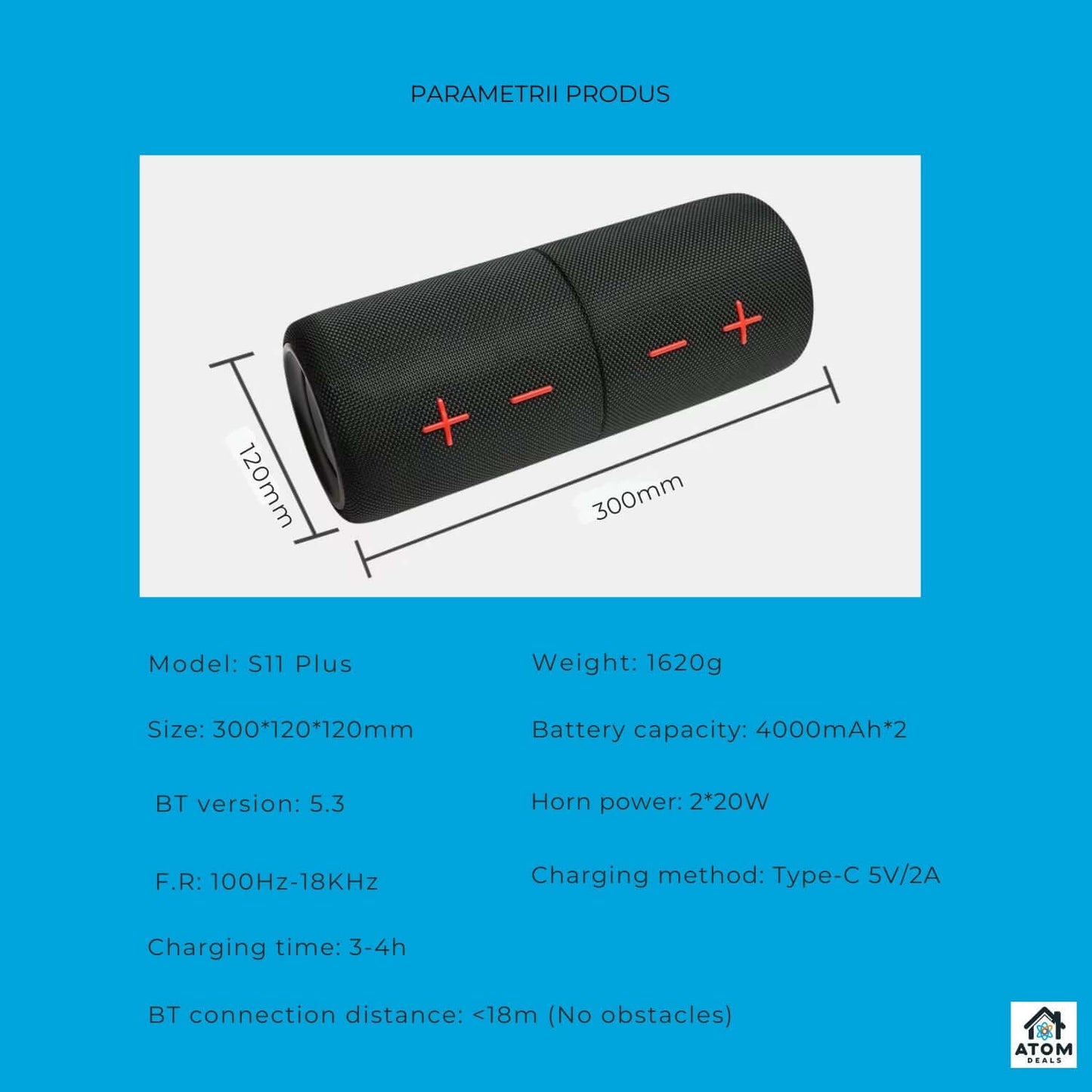Boxa portabila ATOM Deals®, Bluetooth 5.3, sunet stereo 2x20W, bass puternic, waterproof IPX6, autonomie 20h, baterie 2x4000mAh, LED RGB, TWS, card TF, pentru petreceri, drumetii si exterior, negru