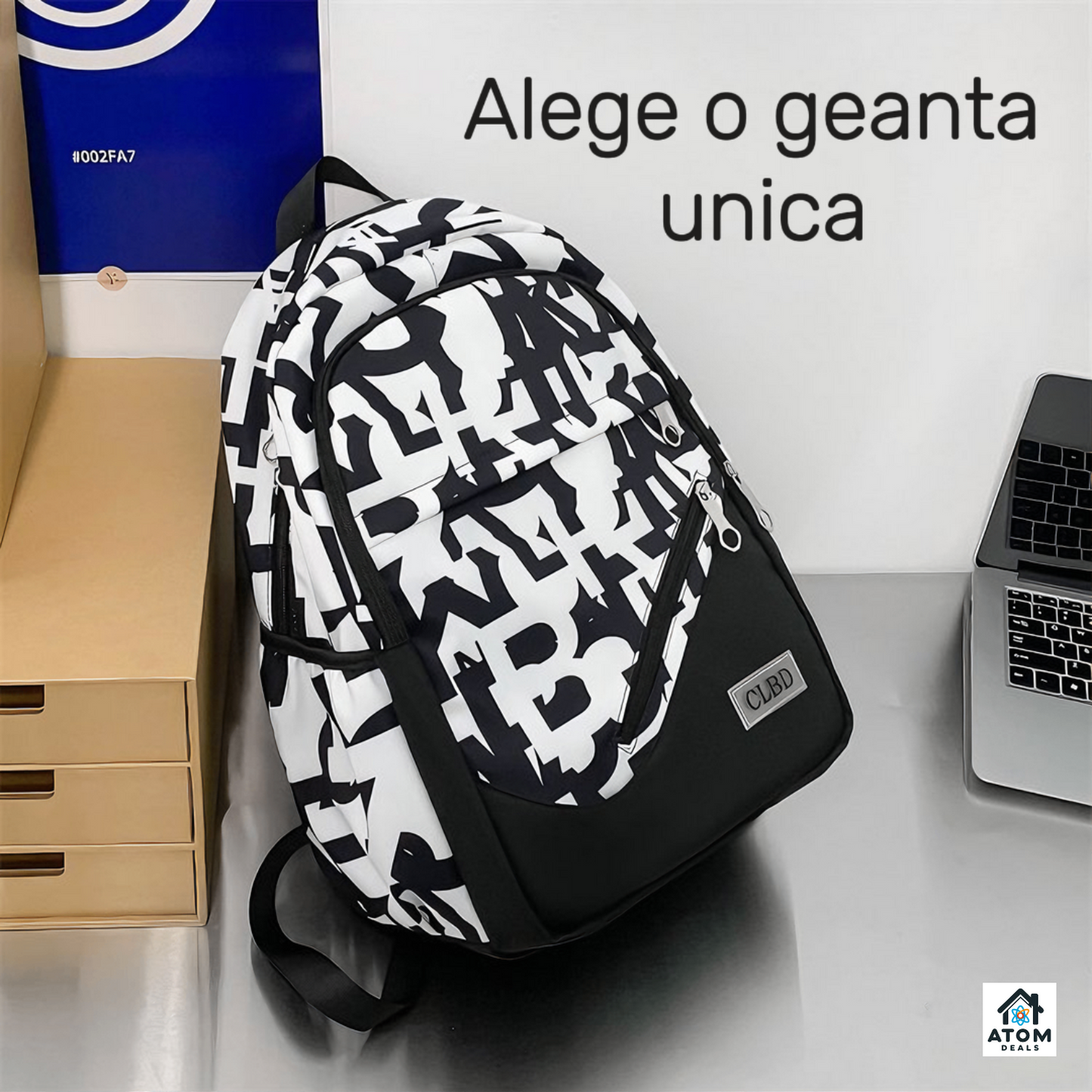 Rucsac modern unisex ATOM DEALS®️, negru cu litere albe, perfect pentru scoala si serviciu, 43x31x15cm, 430g, bretele ajustabile, compartiment laptop 15", 3 buzunare incapatoare, buzunare laterale, fermoare functionale, ideal pentru utilizare zilnica