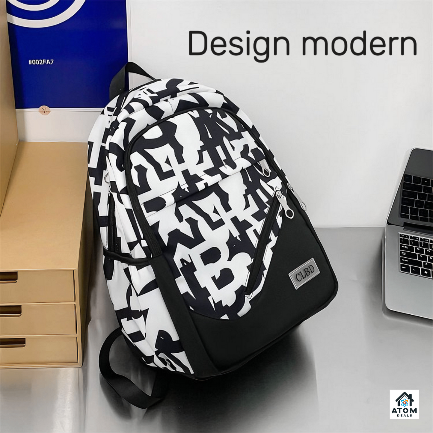 Rucsac modern unisex ATOM DEALS®️, negru cu litere albe, perfect pentru scoala si serviciu, 43x31x15cm, 430g, bretele ajustabile, compartiment laptop 15", 3 buzunare incapatoare, buzunare laterale, fermoare functionale, ideal pentru utilizare zilnica