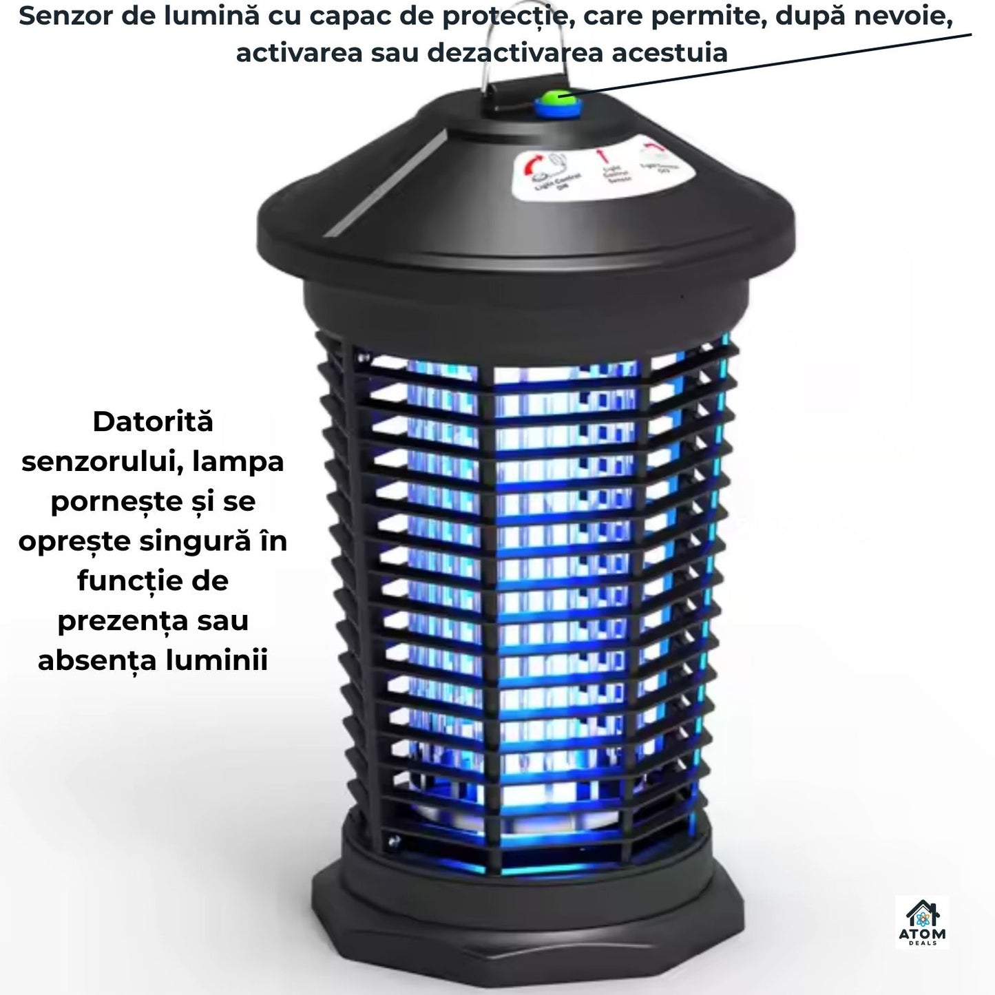 Lampa anti tantari cu senzor lumina ATOM DEALS®️, soc electric 4000V, 100 mp