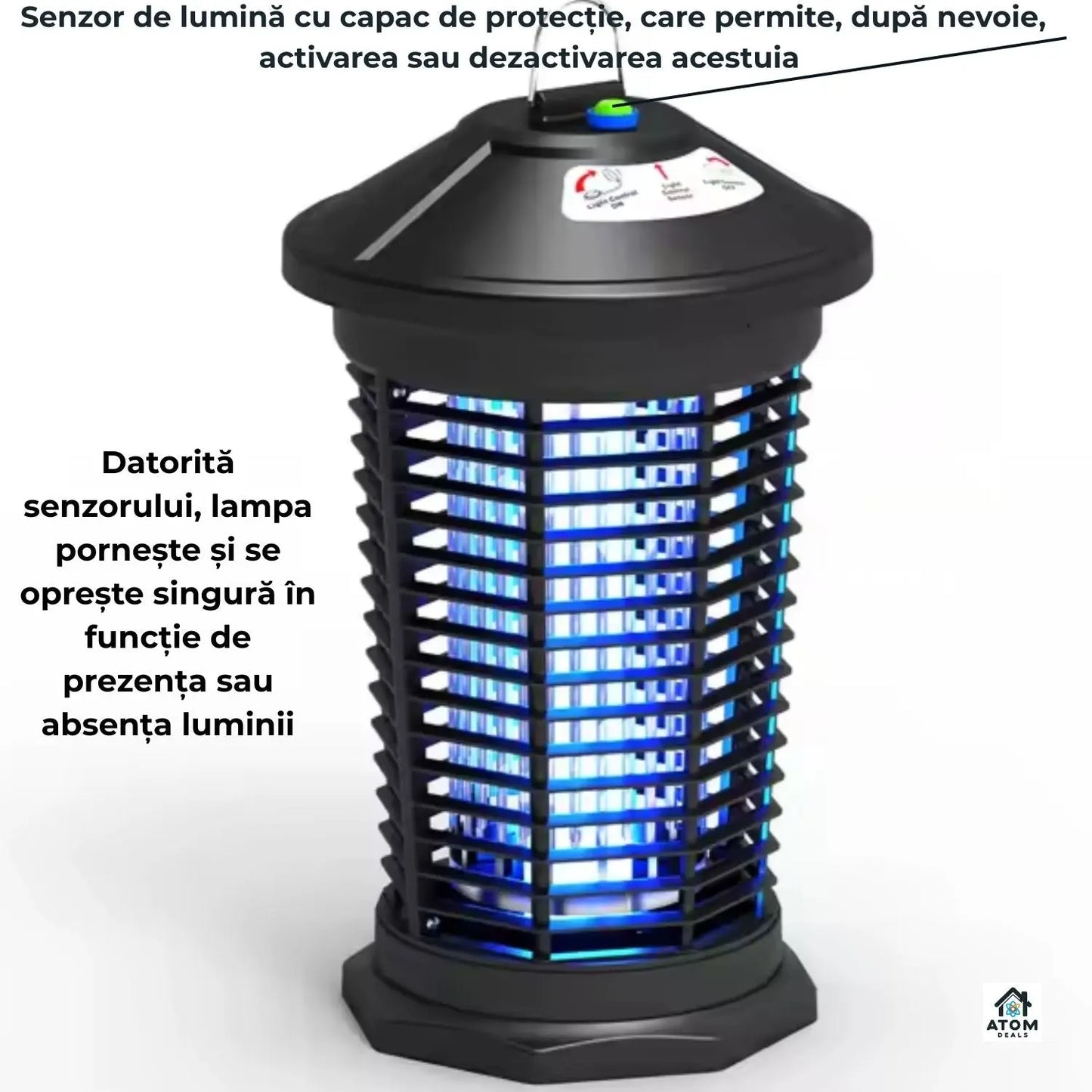 Lampa anti tantari ATOM Deals® cu senzor lumina, anti molii si insecte, soc Electric 4000V, UV 18W, IPX4, acoperire 100 mp, interior/exterior, sistem agatare, 360°, tava detasabila