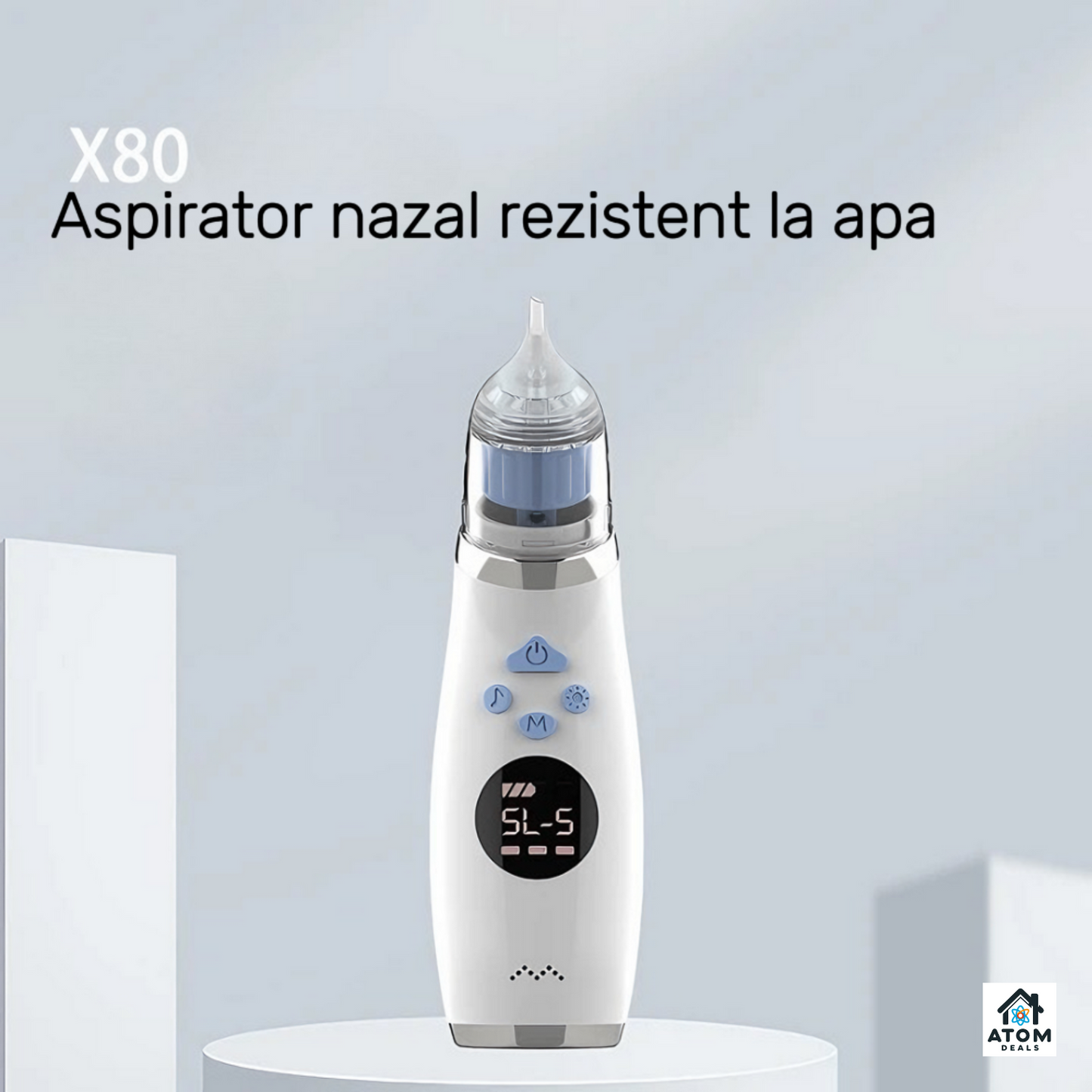 Aspirator nazal electric pentru copii si bebelusi ATOM DEALS®️, 5 viteze, auto-curatare, IPX6 rezistent la apa, acumulator 600mAh, 3 capete ATOM Deals