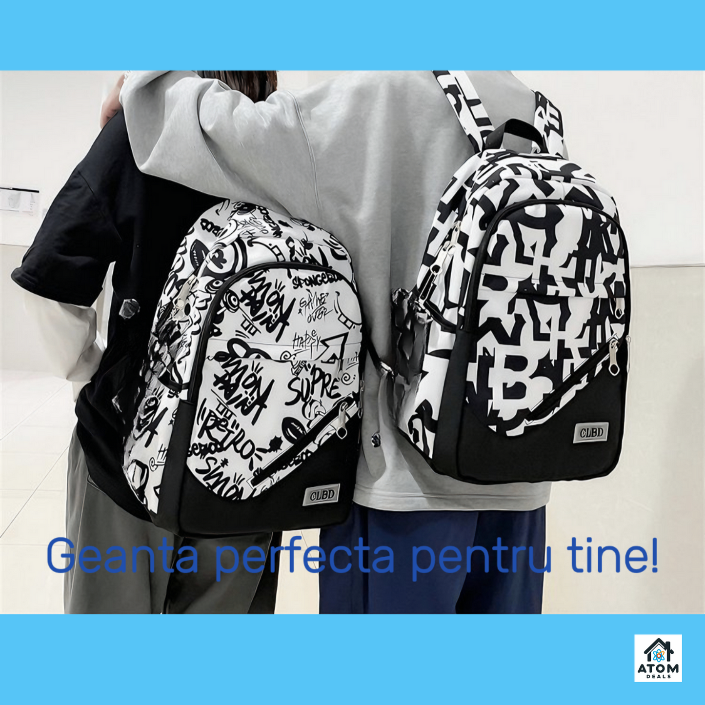 Rucsac modern unisex ATOM DEALS®️, negru cu litere albe, perfect pentru scoala si serviciu, 43x31x15cm, 430g, bretele ajustabile, compartiment laptop 15", 3 buzunare incapatoare, buzunare laterale, fermoare functionale, ideal pentru utilizare zilnica