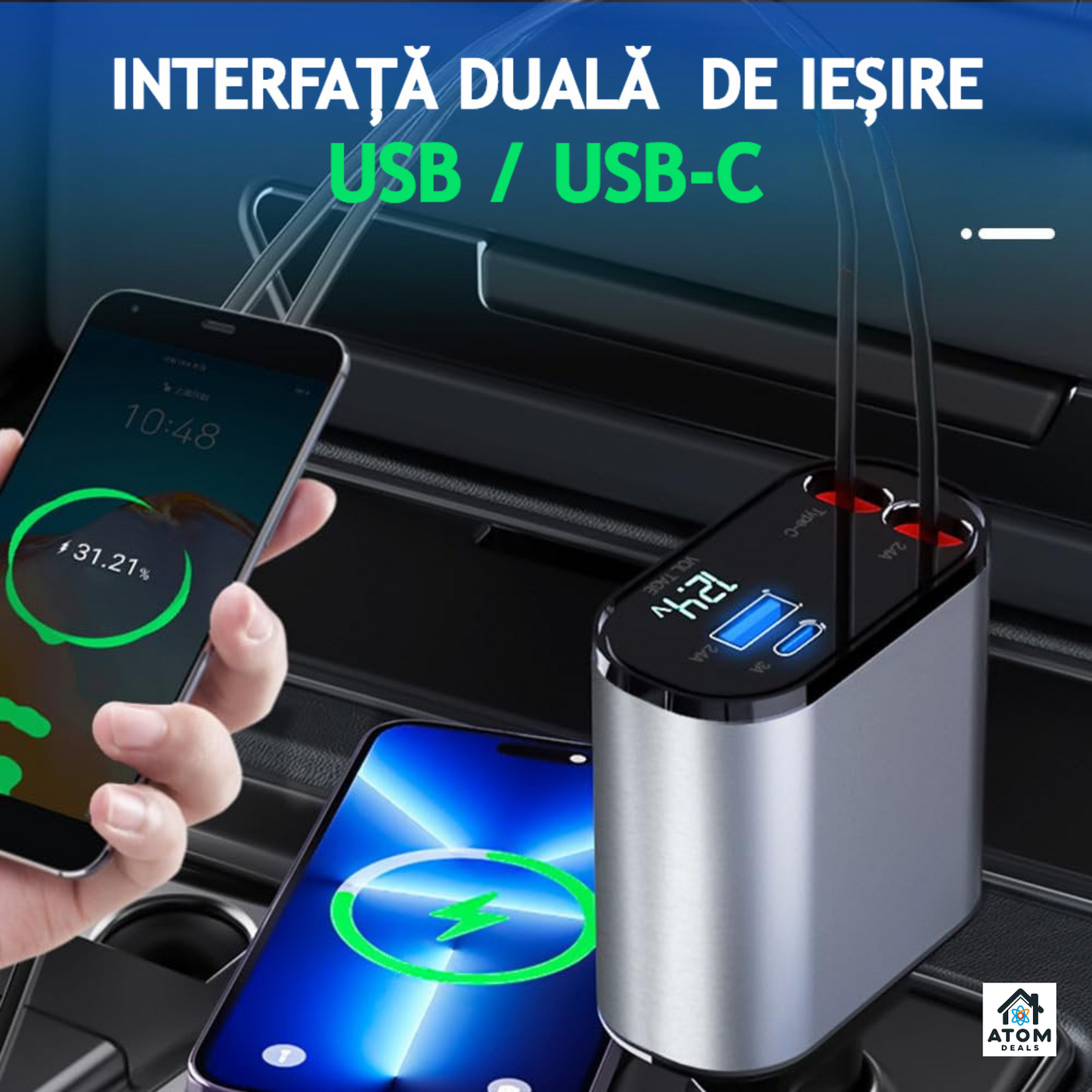 Incarcator auto 4 in 1 ATOM DEALS®️, 120W, rotatie 180°, cu 1xcablu retractabil USB-C si 1xcablu compatibil iPhone, lungime 800mm, porturi 1xUSB Type-C 5V/3A, 1xUSB A 5V/2.4A, incarcare rapida, afisaj luminos voltaj indicator baterie masina 12-24V, gri