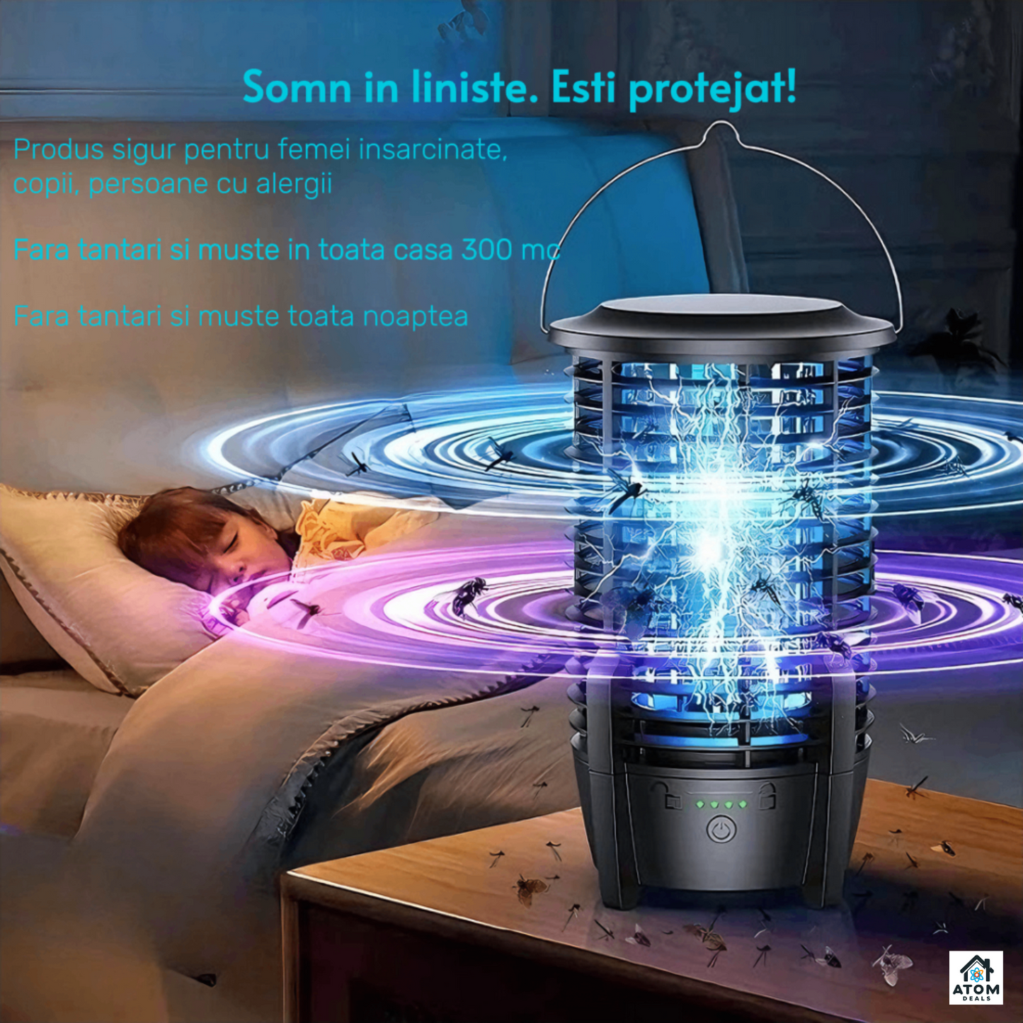 Lampa anti insecte electrică ATOM DEALS®️, UV,10W, 3600mAh, 60mp, interior exterior
