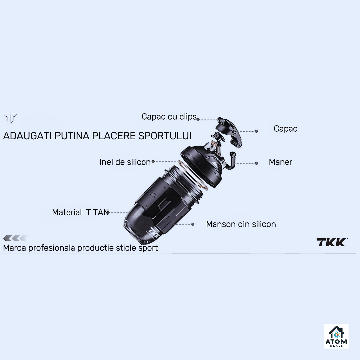 Shaker sport 700 ml ATOM DEALS®️, Tritan fără BPA, capac etanș, marcaje dozaj, gri/portocaliu