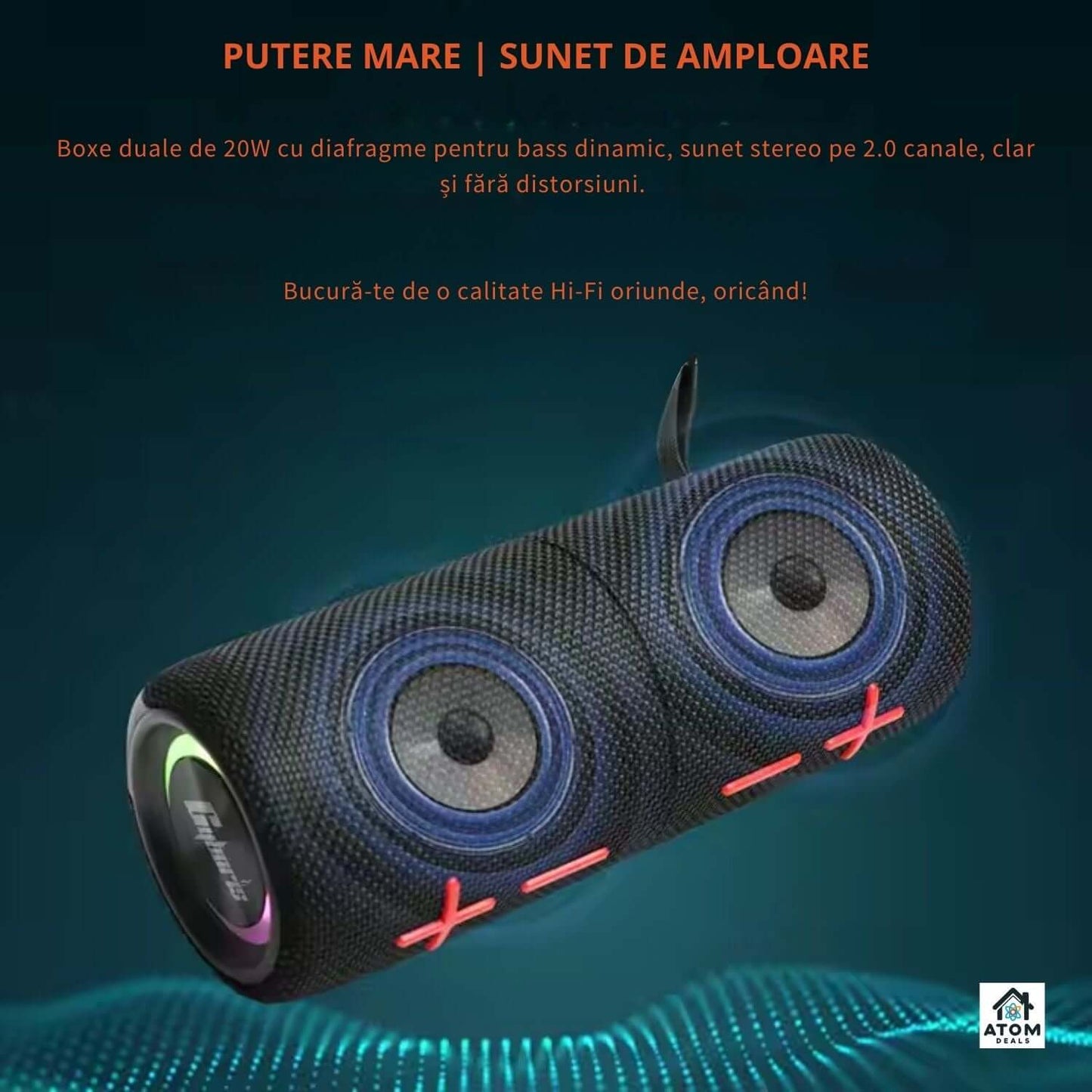 Boxa portabila ATOM Deals®, 20W, waterproof IPX6, Bluetooth 5.3, 15h autonomie