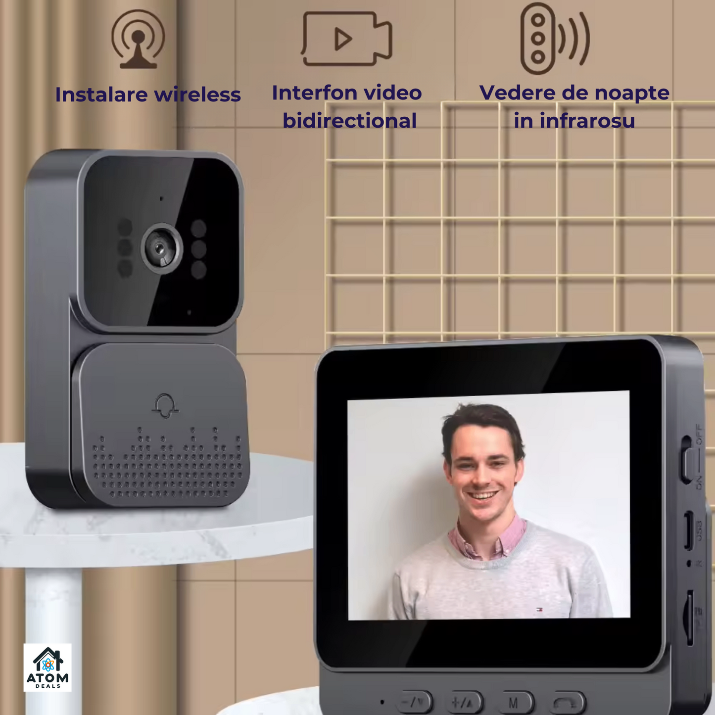 Sonerie video wireless ATOM DEALS®, interfon bidirectional, ecran IPS 4.3", vedere nocturna, 4 LED-uri IR, interconexiune wireless bluetooth, baterie reincarcabila, unghi vizualizare 70°, distanta 5m, design compact, difuzor si microfon integrate, negru