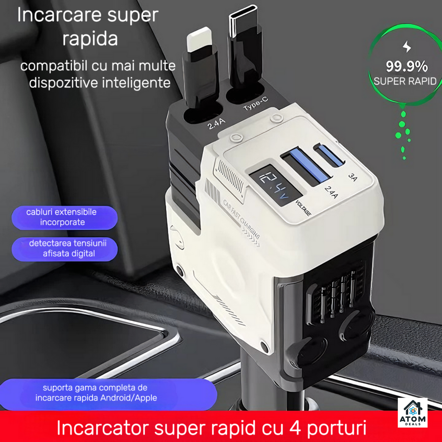 Incarcator auto retractabil 4-in-1 ATOM DEALS®️, 120W, incarcare super rapida, afisaj LED, cablu telescopic 80cm USB TypeC, cablu iPhone