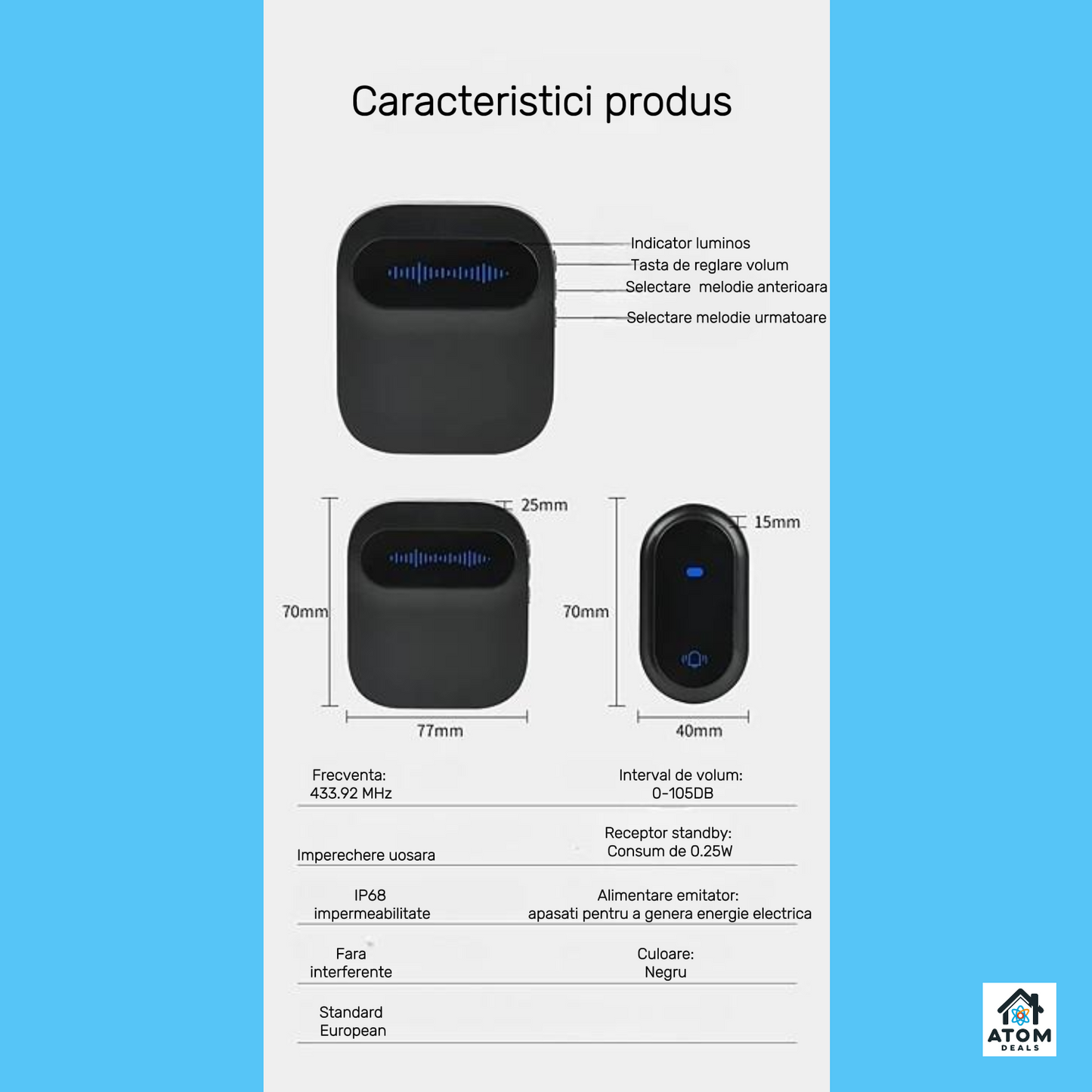 Sonerie wireless fără baterie ATOM DEALS®️, 38 melodii, 105 dB, IP68, rază 180 m