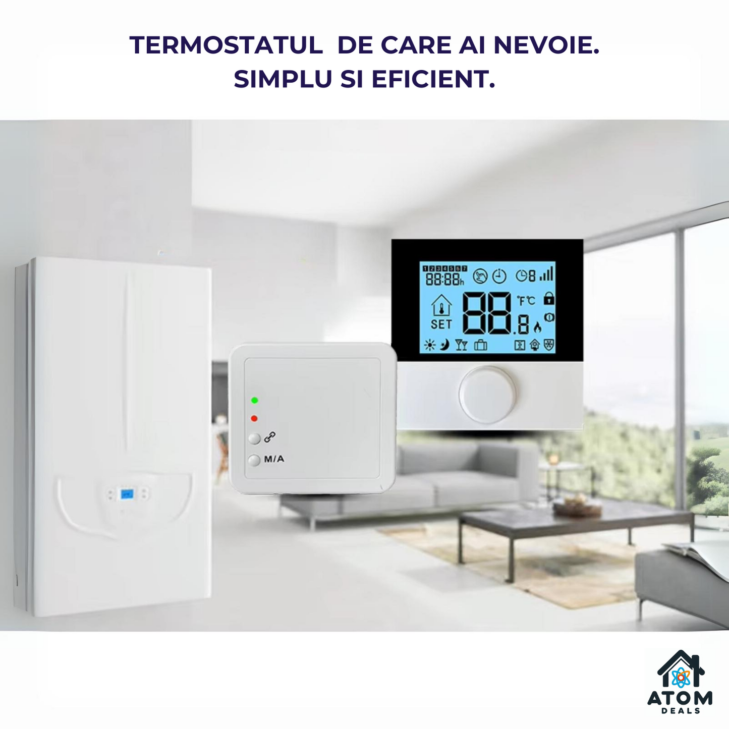 Termostat wireless RF 433/868MHz ATOM Deals®, pentru centrala gaz, montaj pe perete sau de sine statator ATOM Deals