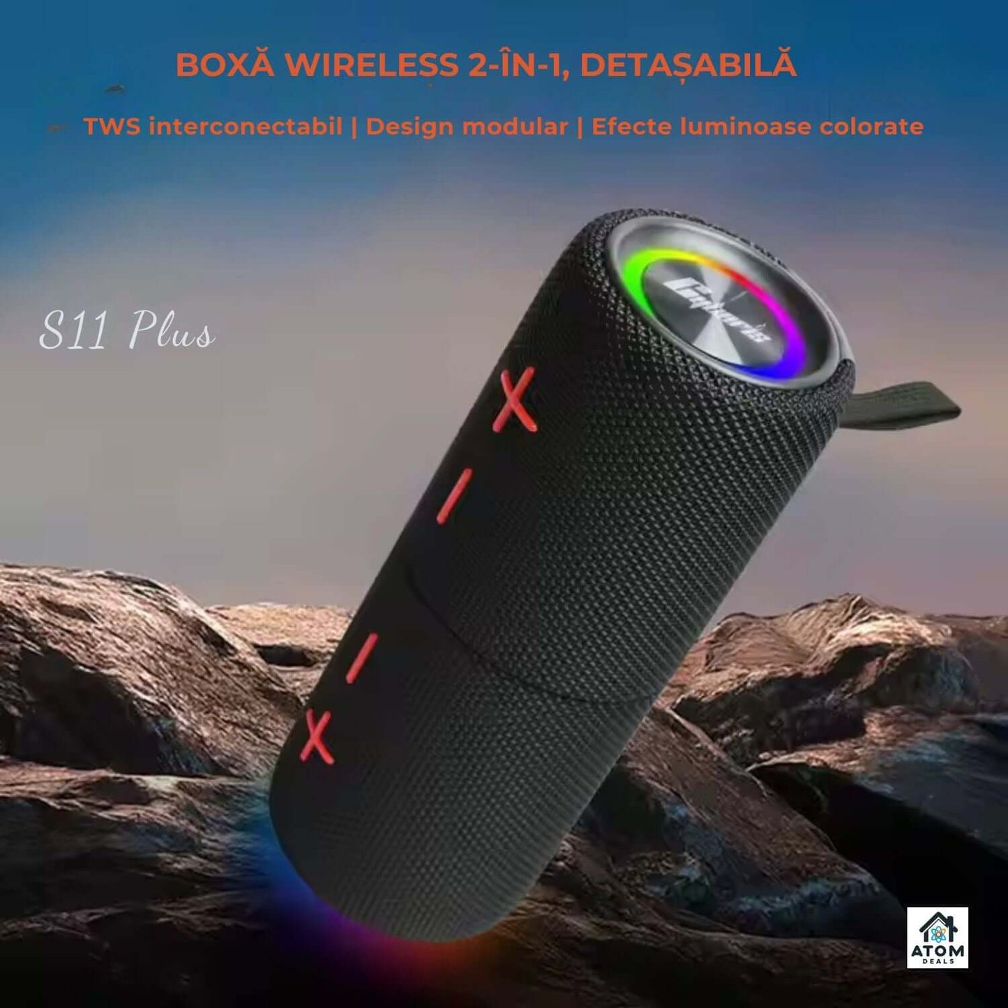 Boxa portabila ATOM Deals®, Bluetooth 5.3, sunet stereo 2x20W, bass puternic, waterproof IPX6, autonomie 20h, baterie 2x4000mAh, LED RGB, TWS, card TF, pentru petreceri, drumetii si exterior, negru