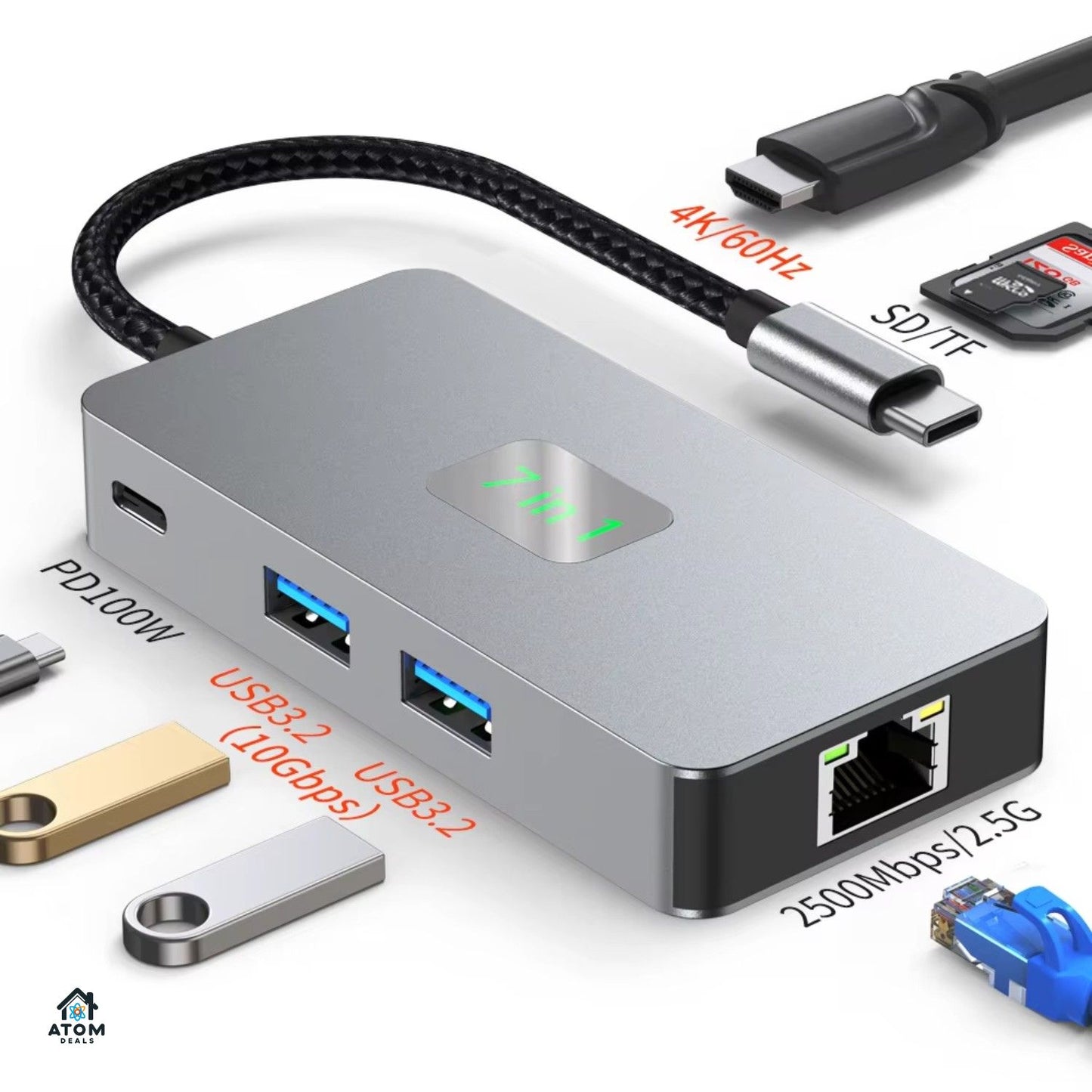 Hub USB-C 7 in 1 ATOM Deals®, gri deschis, PD 100W, HDMI 4K 60Hz, 2 x USB 3.2, Ethernet 2500Mbps , cititor SD TF, transfer ultra rapid, docking station aluminiu pentru laptop, MacBook, PC
