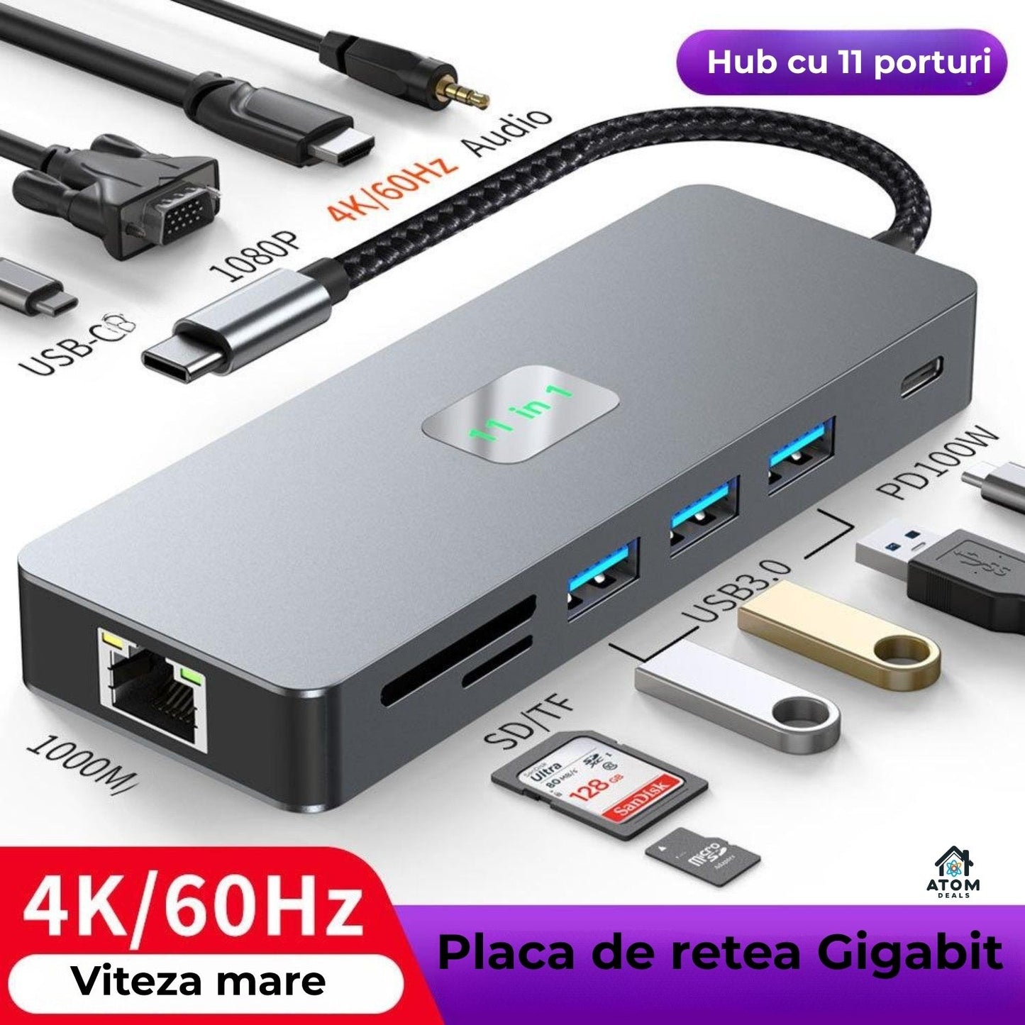 Hub USB-C 11 în 1, HDMI4K60Hz, VGA, USB3.0, PD100W, RJ45, SD TF, audio