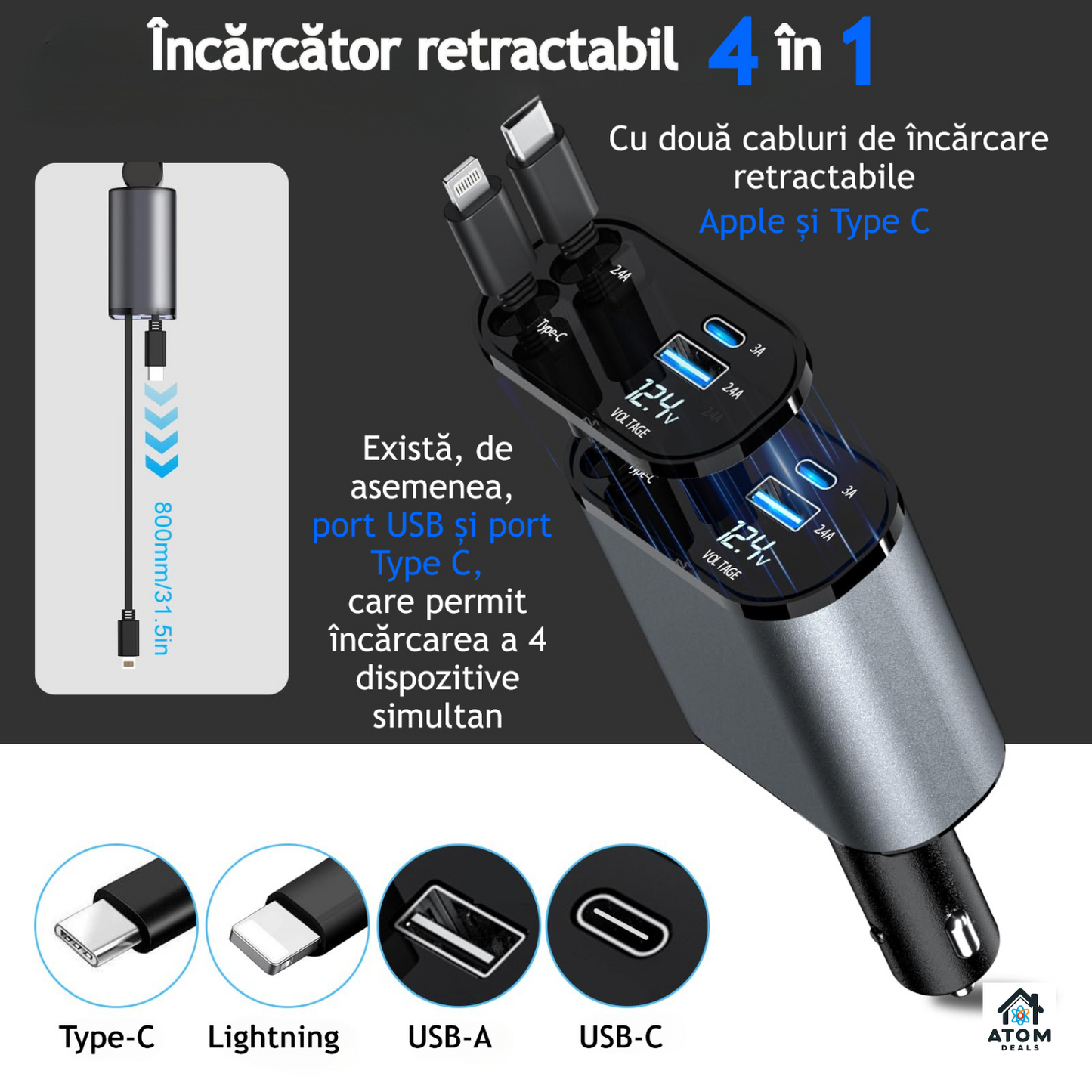 Incarcator auto 4 in 1 ATOM DEALS®️, 120W, rotatie 180°, cu 1xcablu retractabil USB-C si 1xcablu compatibil iPhone, lungime 800mm, porturi 1xUSB Type-C 5V/3A, 1xUSB A 5V/2.4A, incarcare rapida, afisaj luminos voltaj indicator baterie masina 12-24V, gri