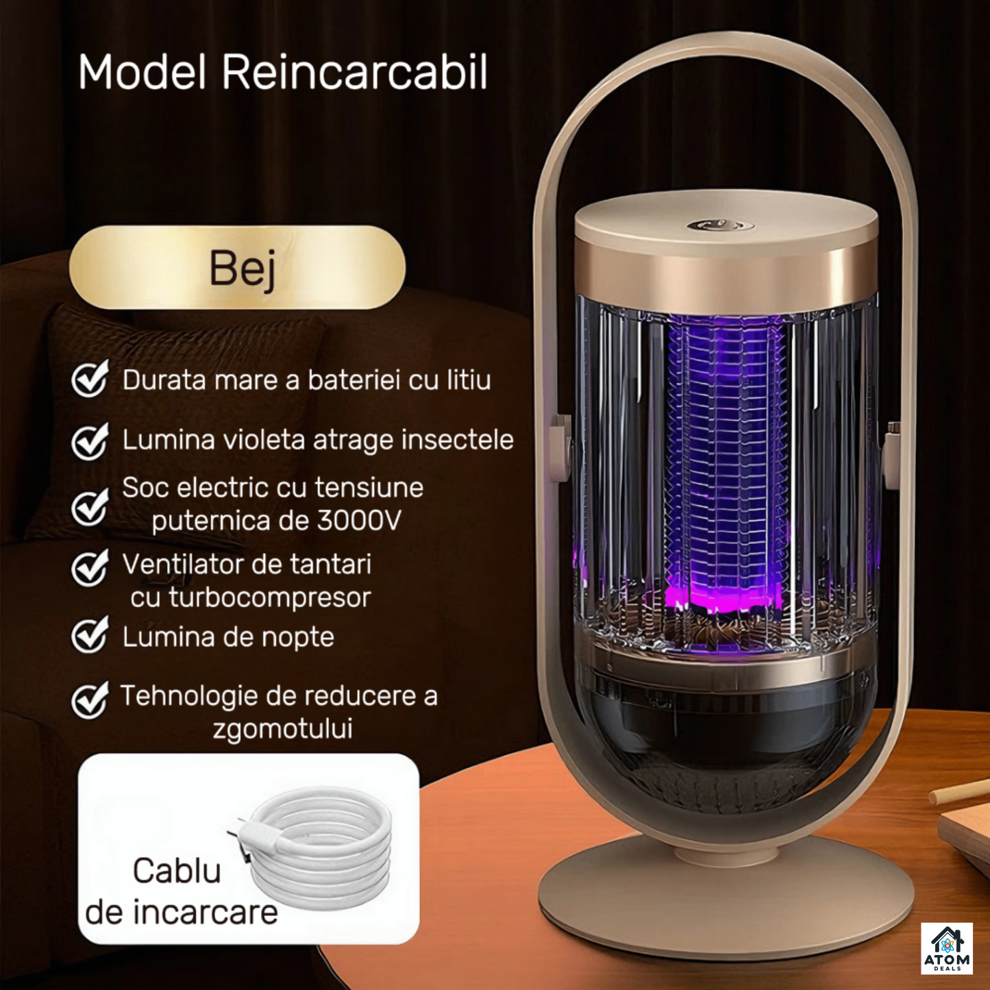 Lampa anti insecte ATOM DEALS aparat anti tantari potrivit pentru camere de pana la 60mp