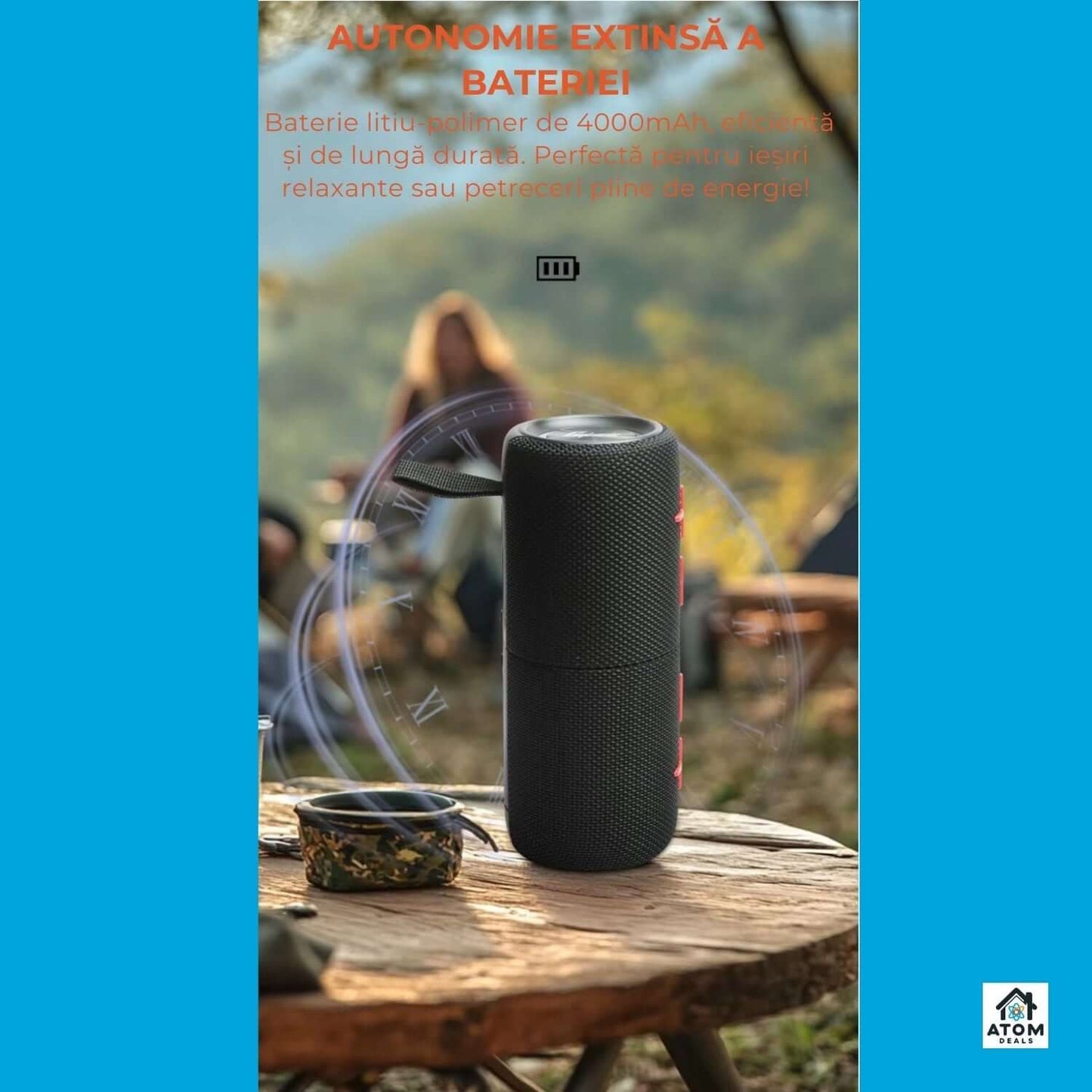 Boxa portabila ATOM Deals®, 20W, waterproof IPX6, Bluetooth 5.3, 15h autonomie