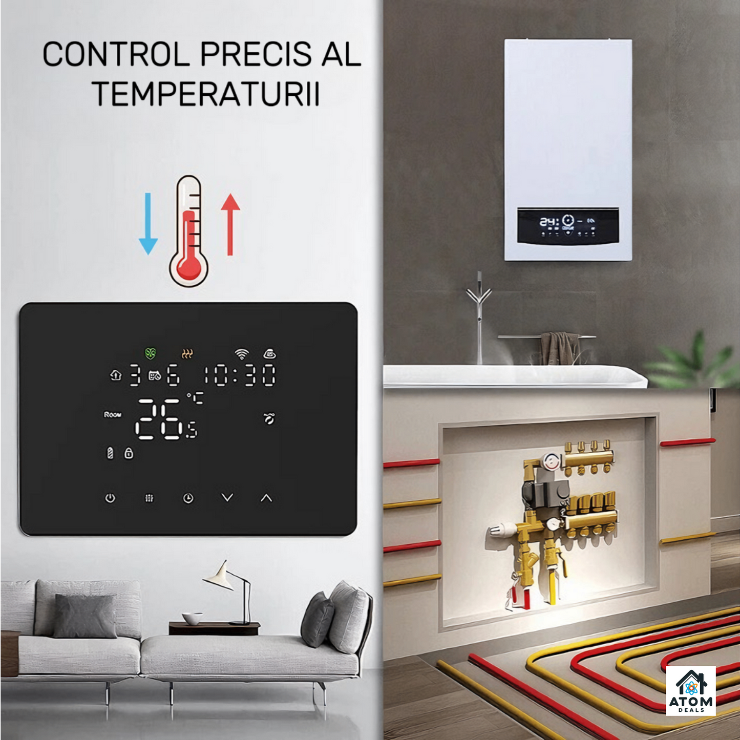 Termostat inteligent ATOM DEALS®️, WiFi HY101RF Tuya, Smart Life, touch, compatibil Alexa
