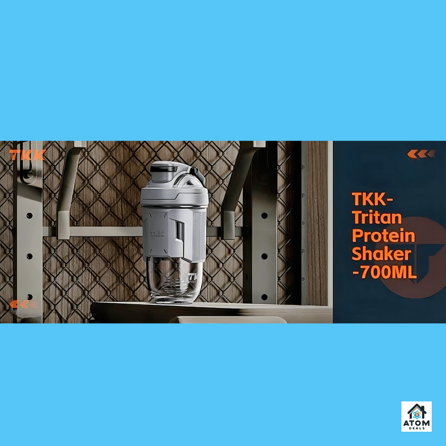 Shaker sport 700 ml ATOM DEALS®️, Tritan fără BPA, capac etanș, marcaje dozaj, gri/portocaliu