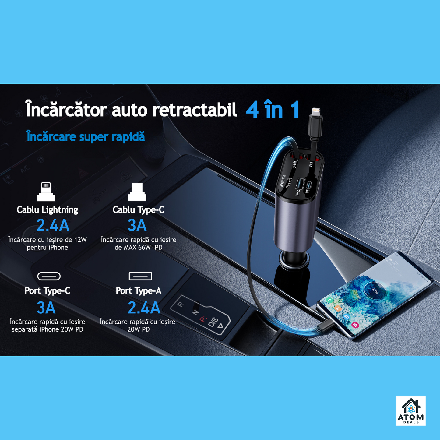 Incarcator auto 4 in 1 ATOM DEALS®️, 120W, rotatie 180°, cu 1xcablu retractabil USB-C si 1xcablu compatibil iPhone, lungime 800mm, porturi 1xUSB Type-C 5V/3A, 1xUSB A 5V/2.4A, incarcare rapida, afisaj luminos voltaj indicator baterie masina 12-24V, gri