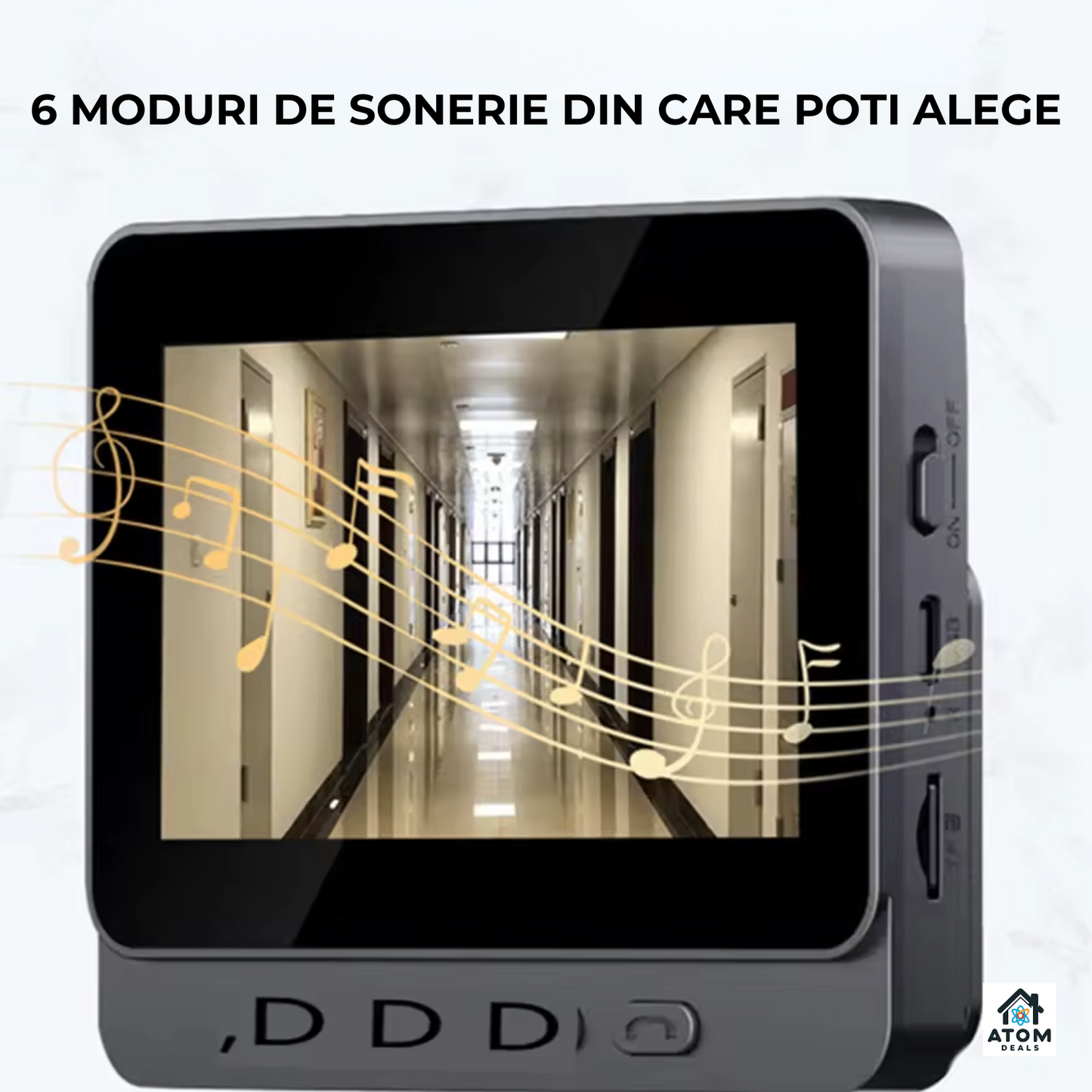 Sonerie video wireless ATOM DEALS®, interfon bidirectional, ecran IPS 4.3", vedere nocturna, 4 LED-uri IR, interconexiune wireless bluetooth, baterie reincarcabila, unghi vizualizare 70°, distanta 5m, design compact, difuzor si microfon integrate, negru
