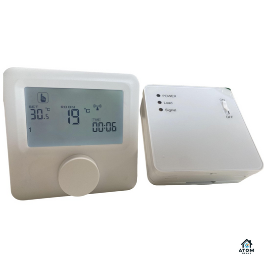 Termostat de ambient wireless ATOM DEALS®️, HY06RF pentru centrale pe gaz, programabil saptamanal, mod vacanta, control digital, precizie ±0.5℃, ecran LCD retroiluminat, alimentare cu 2 Baterii AA