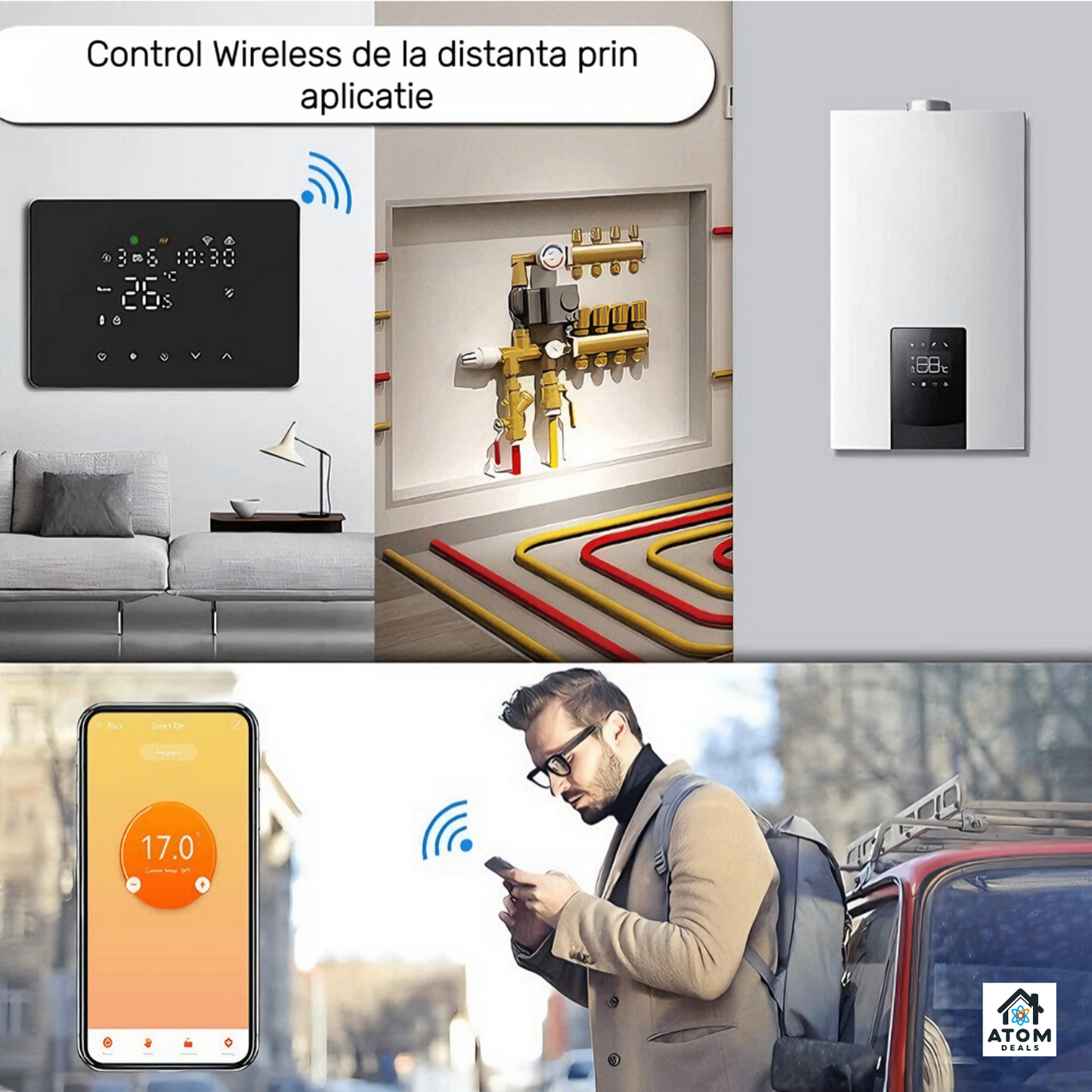 Termostat inteligent ATOM DEALS®️, WiFi HY101RF Tuya, Smart Life, touch, compatibil Alexa