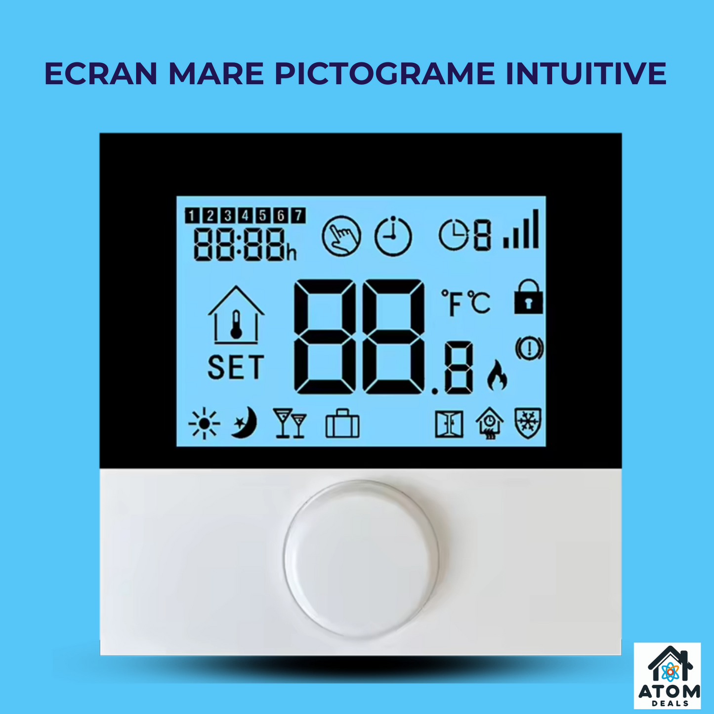 Termostat wireless RF 433/868MHz ATOM Deals®, pentru centrala gaz, montaj pe perete sau de sine statator