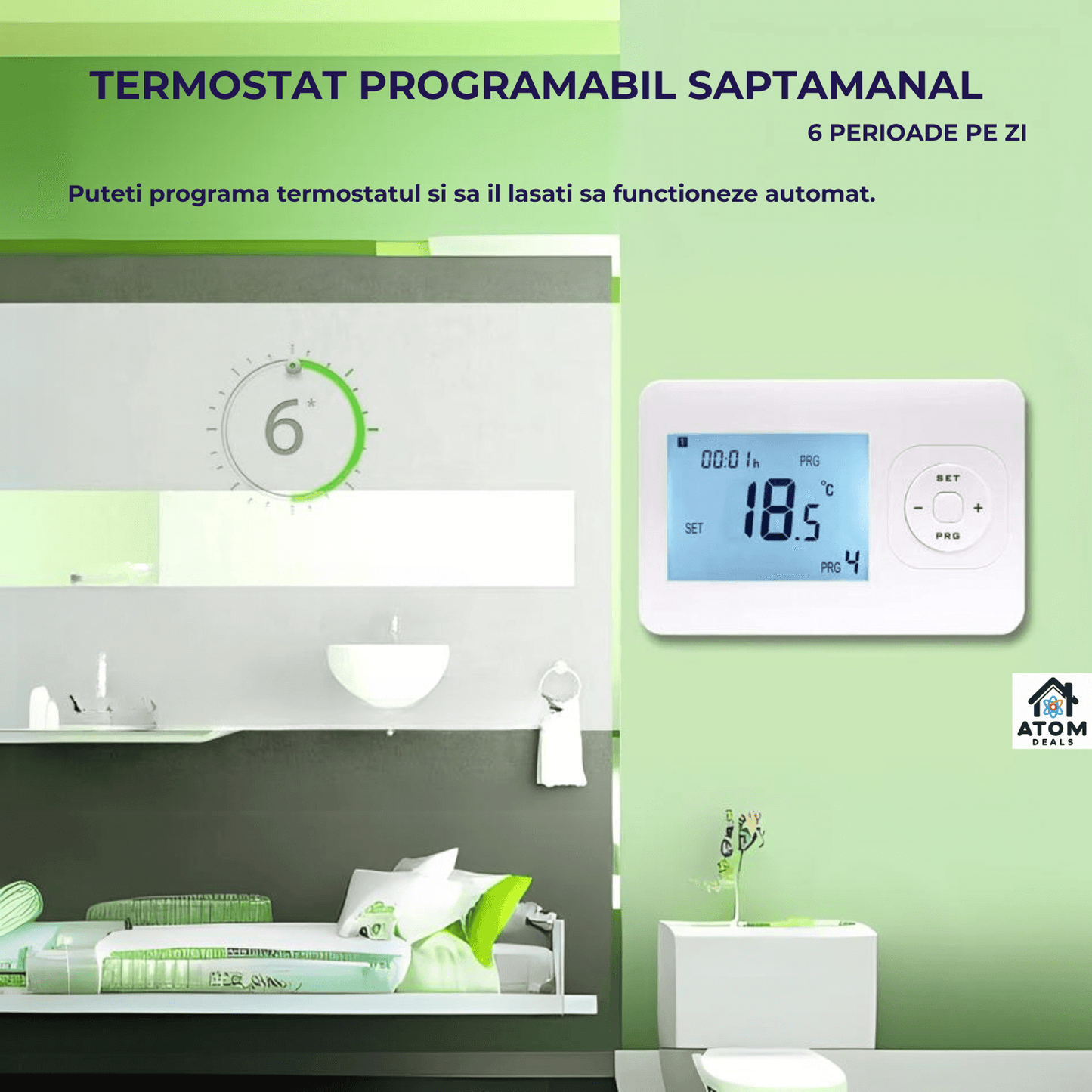 Termostat Wireless ATOM DEALS®️, control temperatura pentru sistem incalzire centrala gaz, programabil saptamanal,montaj pe perete, control temperatura, AC220V, 10A, alimentare cu 2 Baterii AA, ideal pentru apartament, hotel, birou, alb