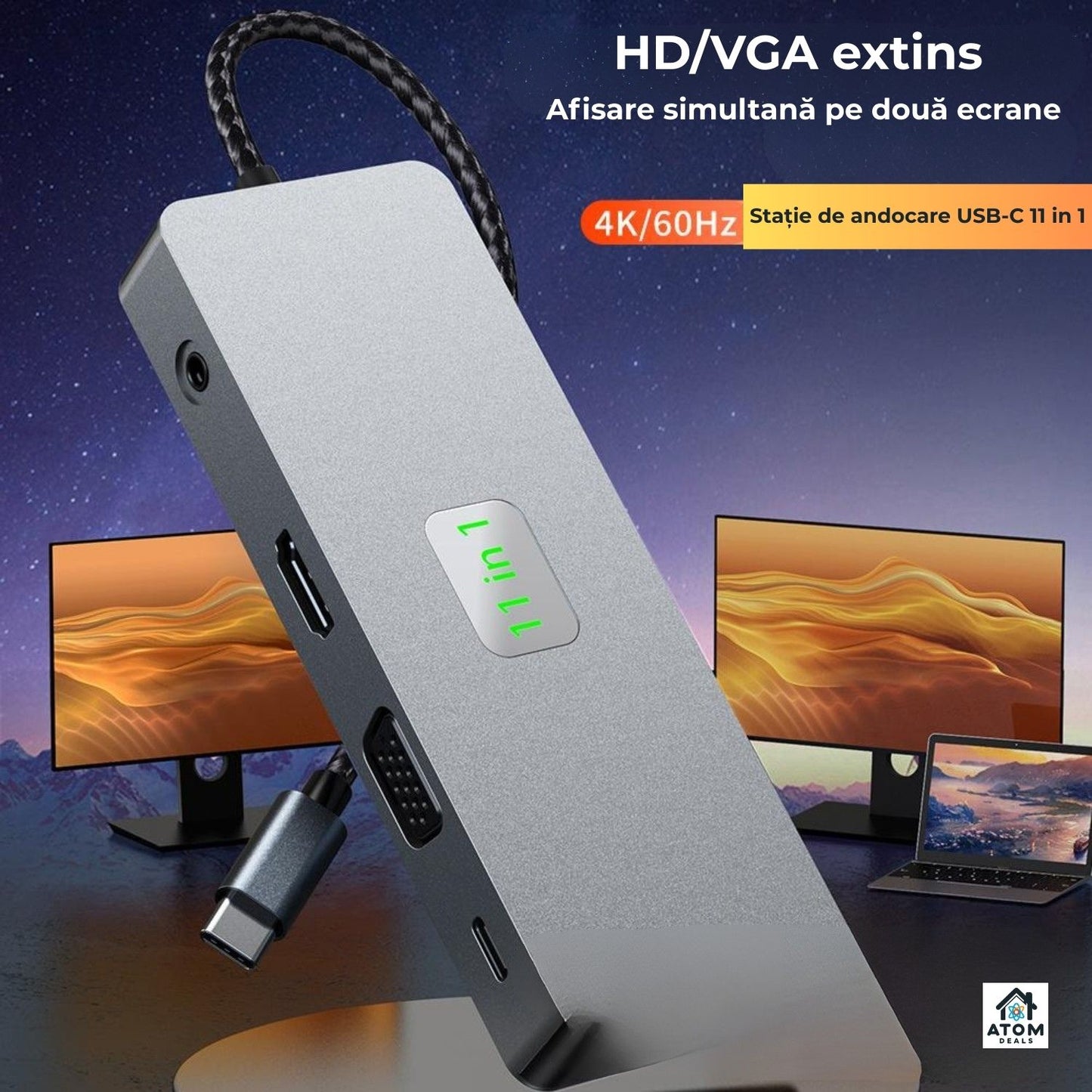 Hub USB-C 11 în 1, HDMI4K60Hz, VGA, USB3.0, PD100W, RJ45, SD TF, audio