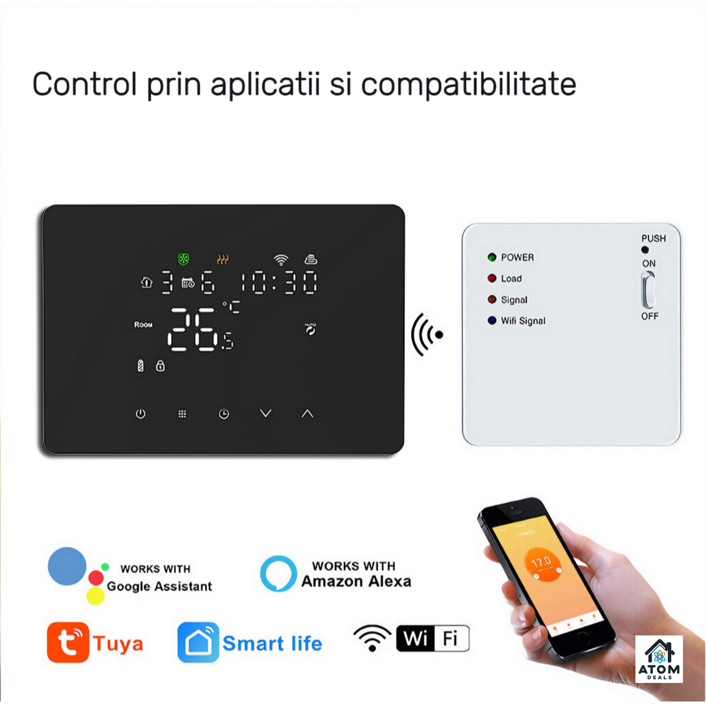 Termostat inteligent ATOM DEALS®️, WiFi HY101RF Tuya, Smart Life, touch, compatibil Alexa
