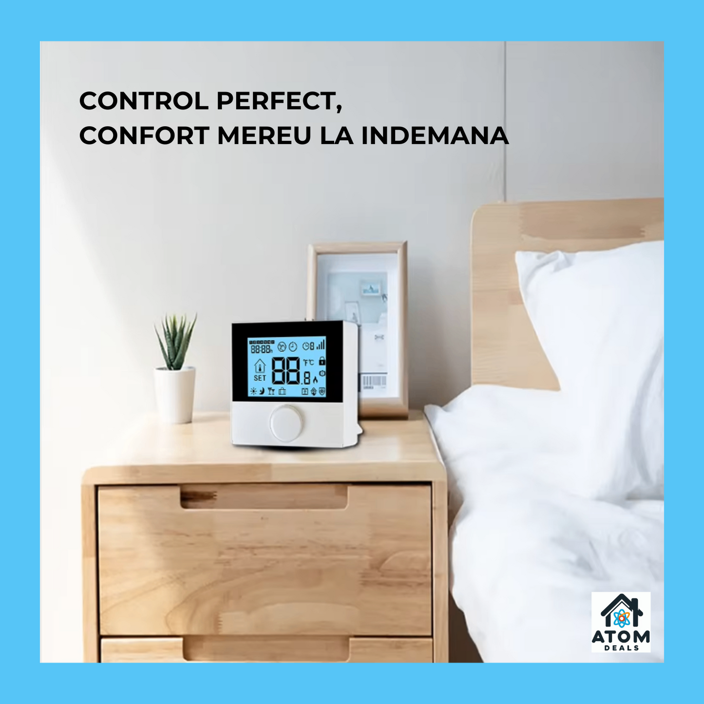 Termostat wireless RF 433/868MHz ATOM Deals®, pentru centrala gaz, montaj pe perete sau de sine statator