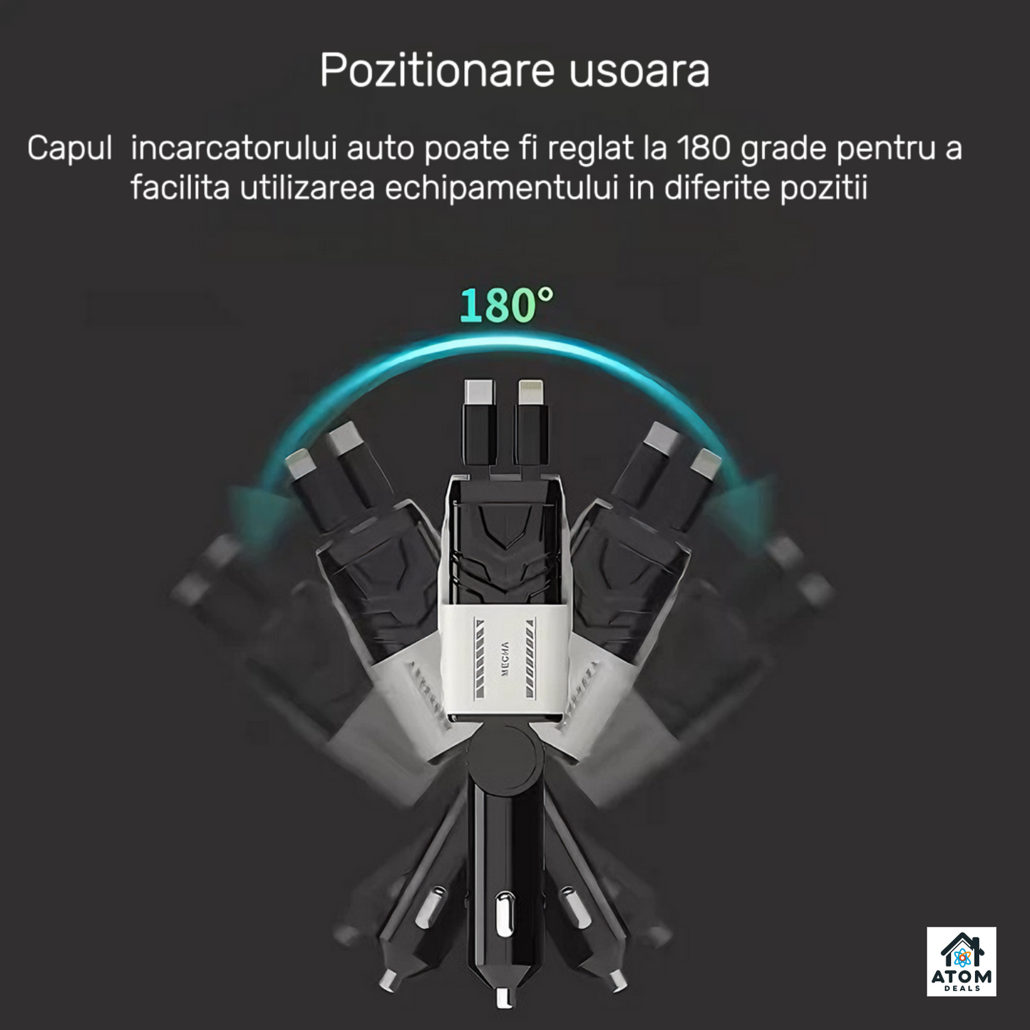 Incarcator auto retractabil 4-in-1 ATOM DEALS®️, 120W, incarcare super rapida, afisaj LED, cablu telescopic 80cm USB TypeC, cablu iPhone