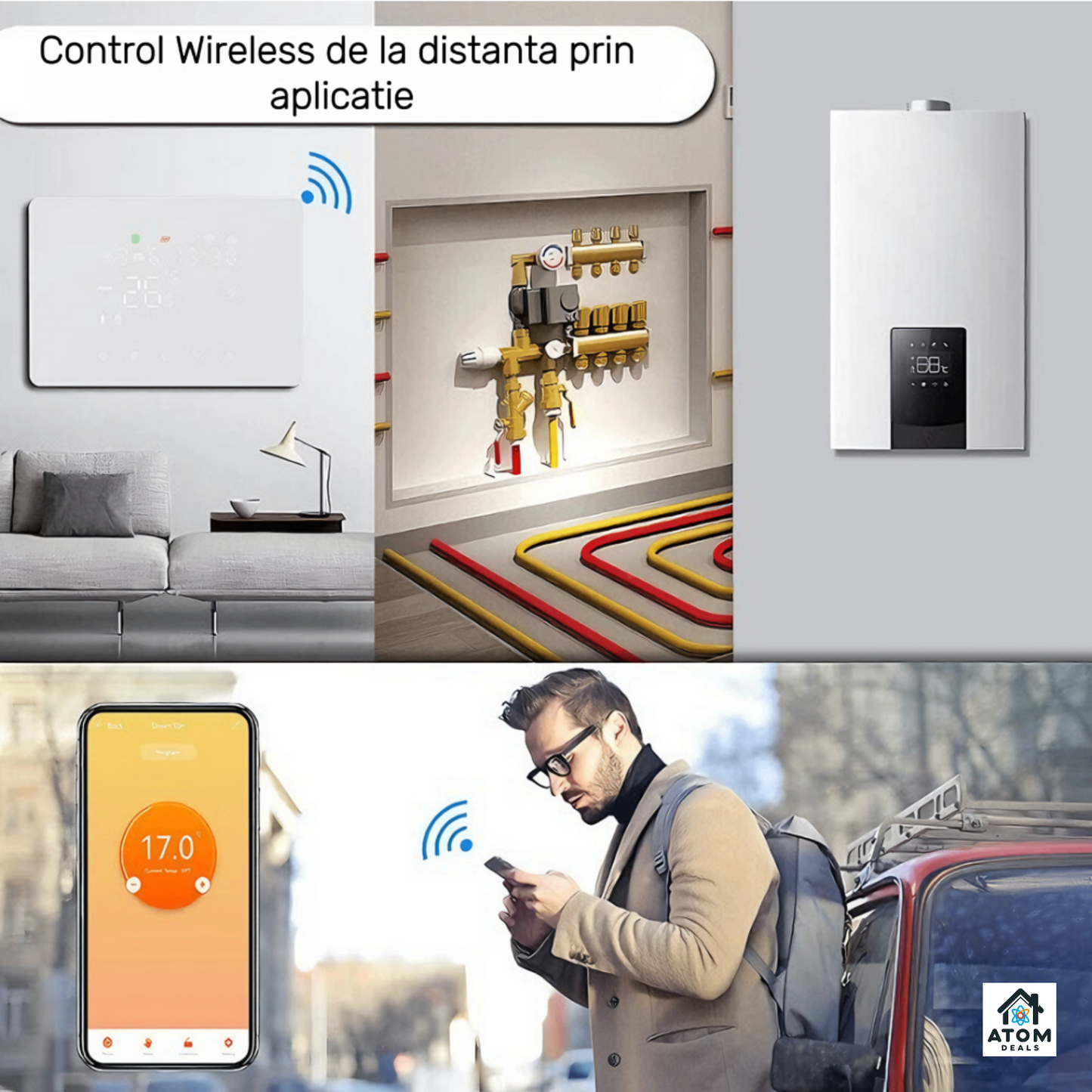 Termostat inteligent ATOM DEALS®️, WiFi HY101RF Tuya, Smart Life, touch, compatibil Alexa ATOM Deals