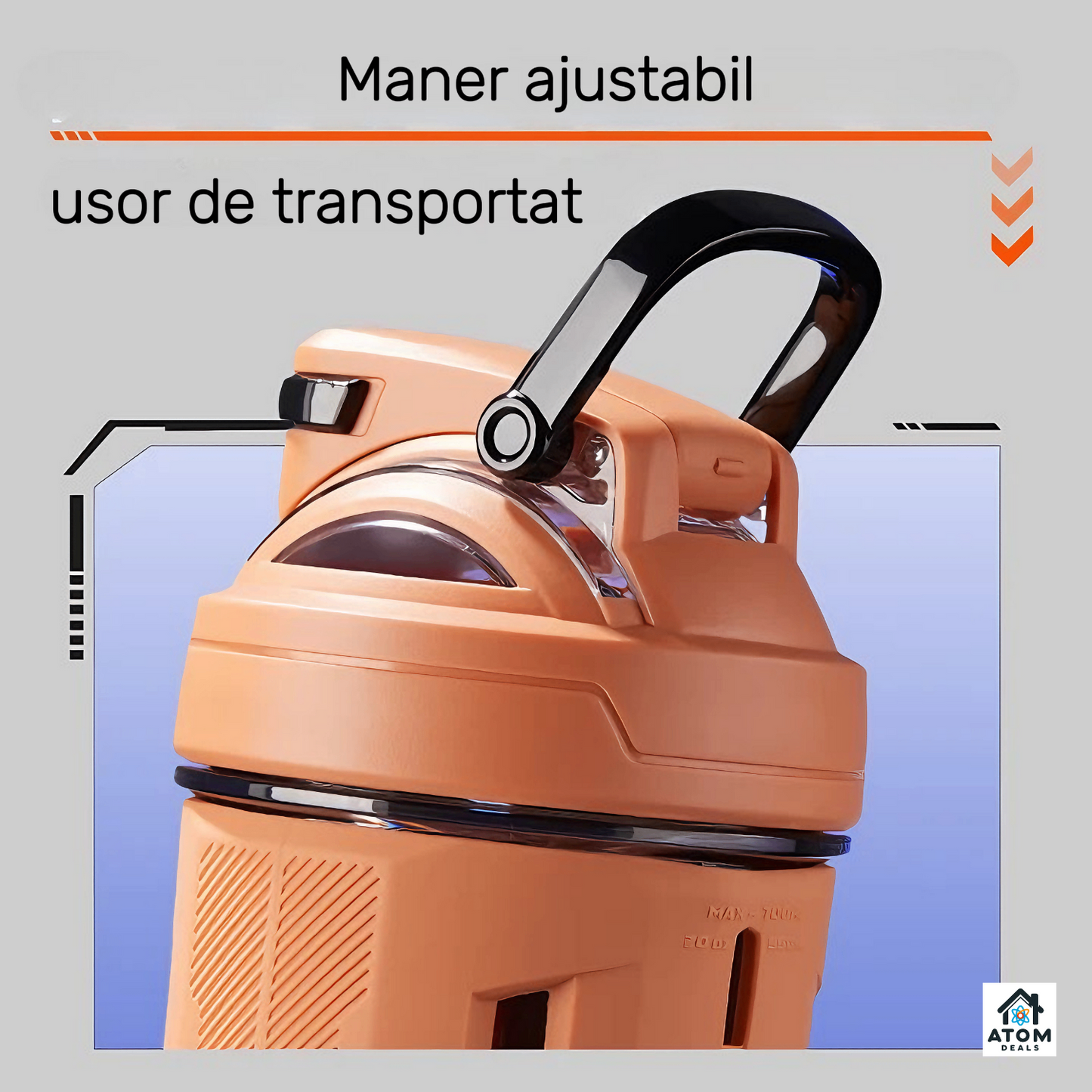 Shaker sport 700 ml ATOM DEALS®️, Tritan fără BPA, capac etanș, marcaje dozaj, gri/portocaliu