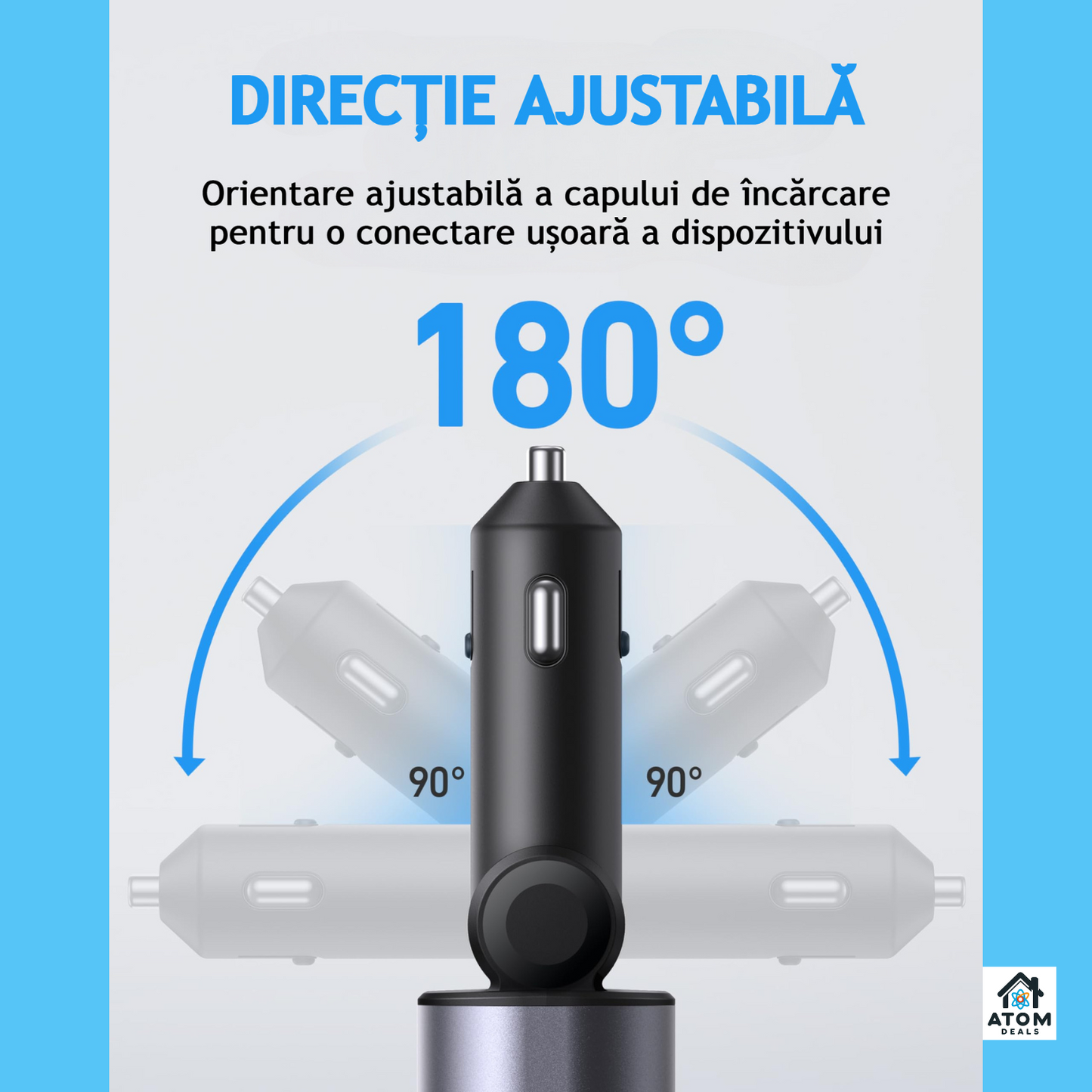 Incarcator auto 4 in 1 ATOM DEALS®️, 120W, rotatie 180°, cu 1xcablu retractabil USB-C si 1xcablu compatibil iPhone, lungime 800mm, porturi 1xUSB Type-C 5V/3A, 1xUSB A 5V/2.4A, incarcare rapida, afisaj luminos voltaj indicator baterie masina 12-24V, gri