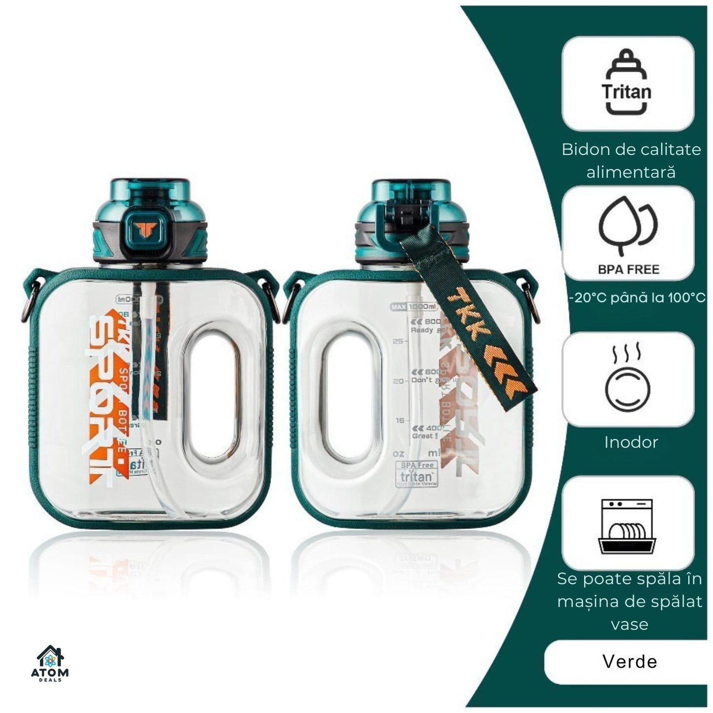 Sticlă sport 1000 ml ATOM DEALS®️, Tritan fără BPA, pai silicon, capac flip, curea