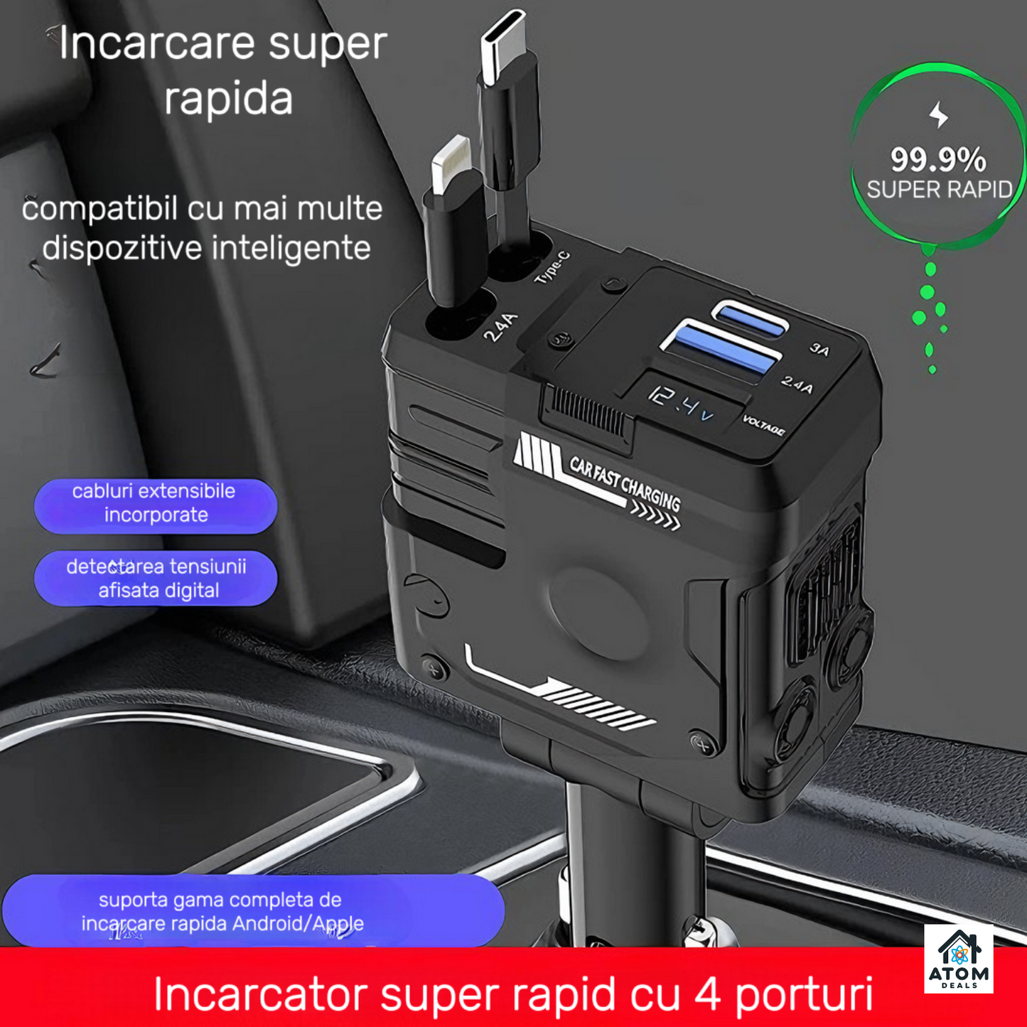Incarcator auto retractabil 4-in-1 ATOM DEALS®️, 120W, incarcare super rapida, afisaj LED, cablu telescopic 80cm USB TypeC, cablu iPhone