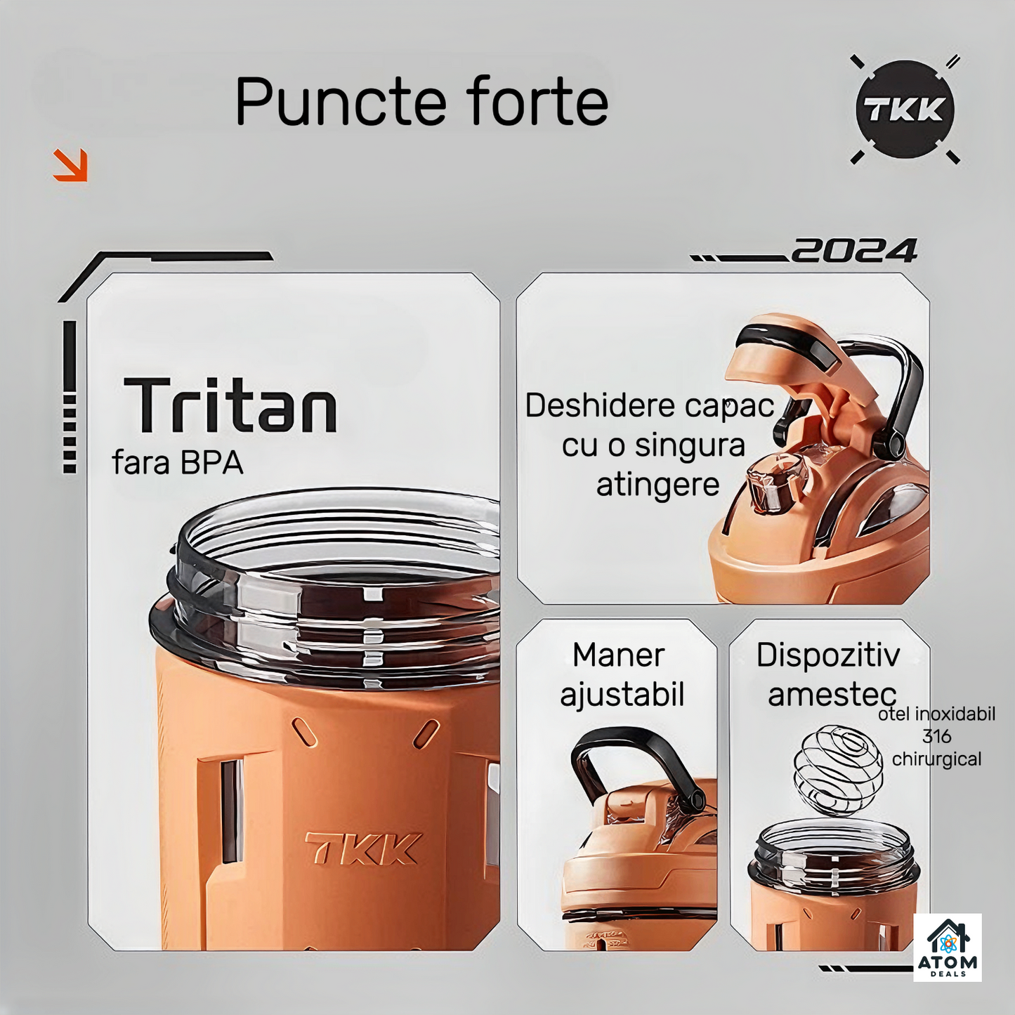 Shaker sport 700 ml ATOM DEALS®️, Tritan fără BPA, capac etanș, marcaje dozaj, gri/portocaliu